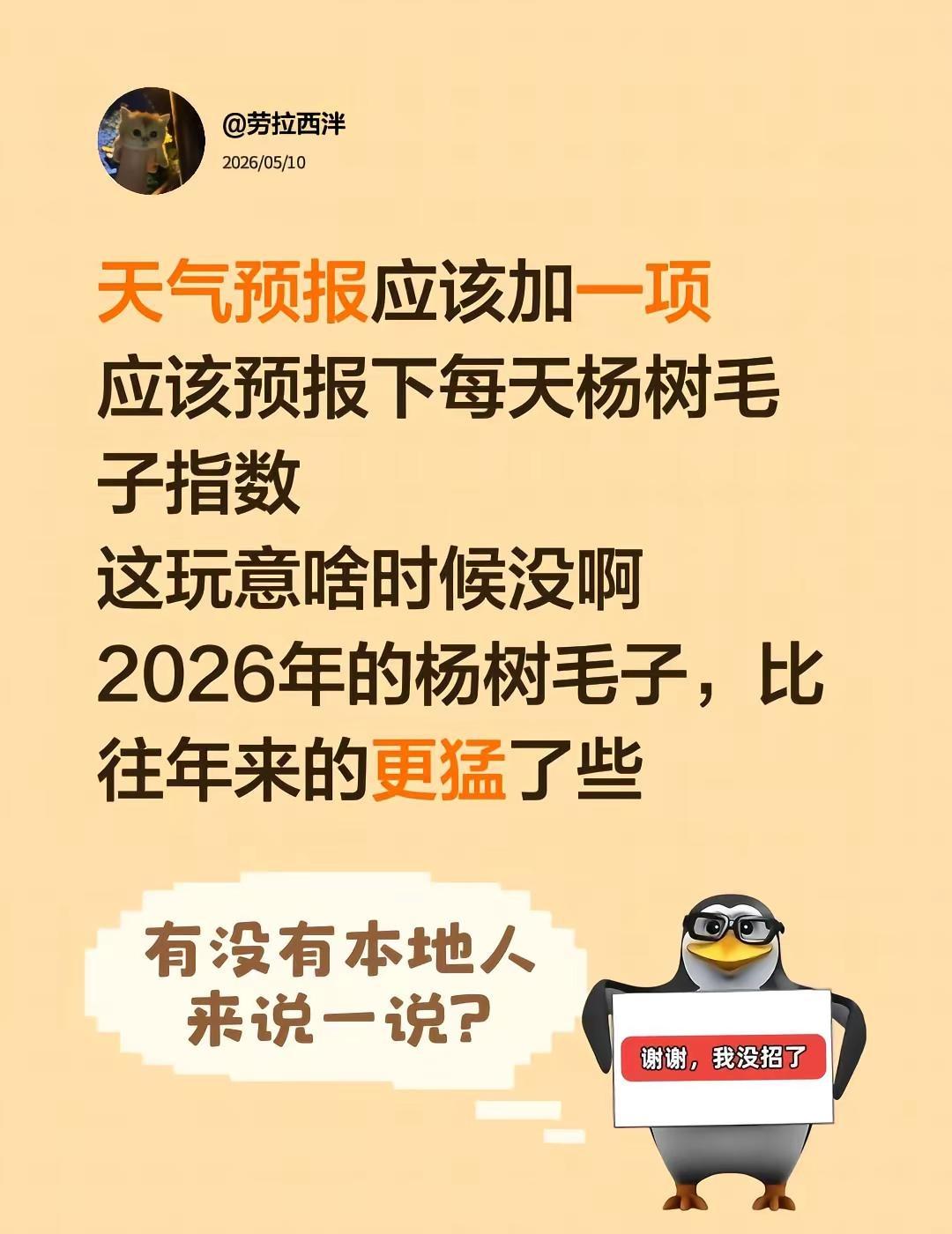 天气预报应该加一项应该预报下每天杨树毛子指数这玩意啥时候没啊2026年的杨树毛子