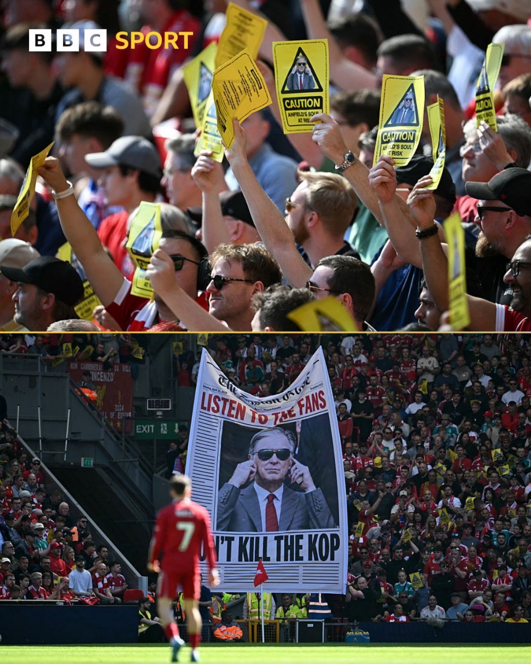 利物浦 利物浦球迷在与水晶宫的比赛中举起黄牌，抗议安菲尔德球场未来三年门票价格上