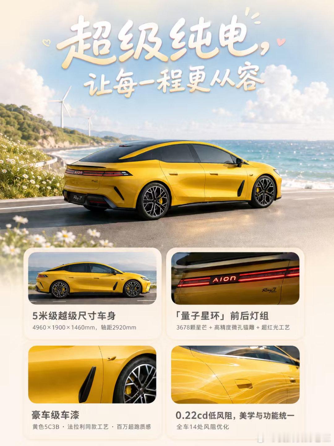 黄色真的很好看啊，埃安超级纯电Ray7正式亮相不得不说这个真心动，尤其是整车的线