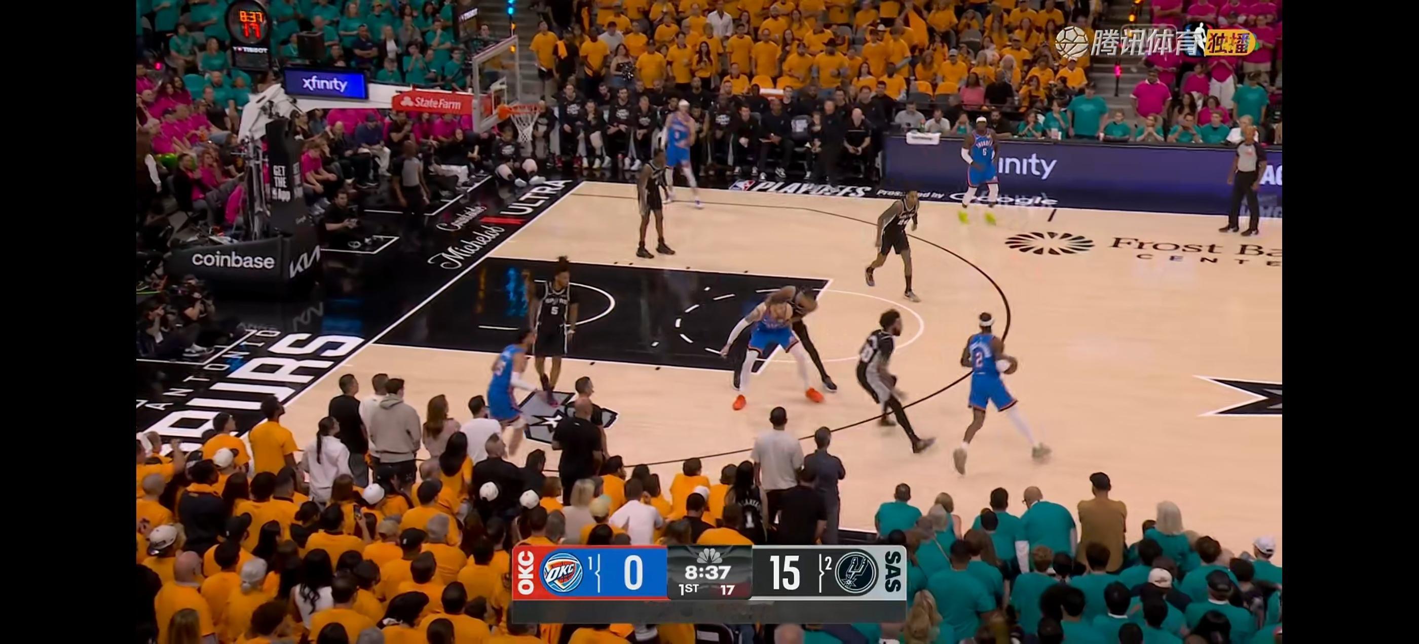 NBA马刺回到主场这内外线的防守强度，给雷霆开局的压力很大。开局一度15-0，强