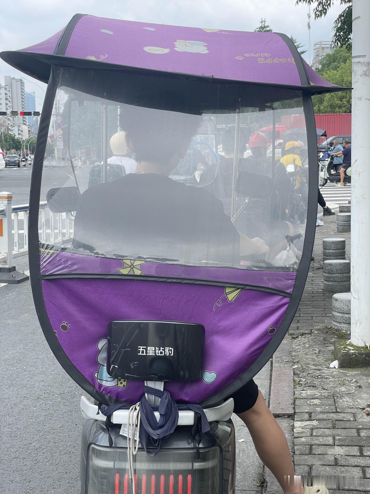 电动车加上这种晴雨伞后，安全性下降不少，交警也经常查，不知道为什么一直都有人用。