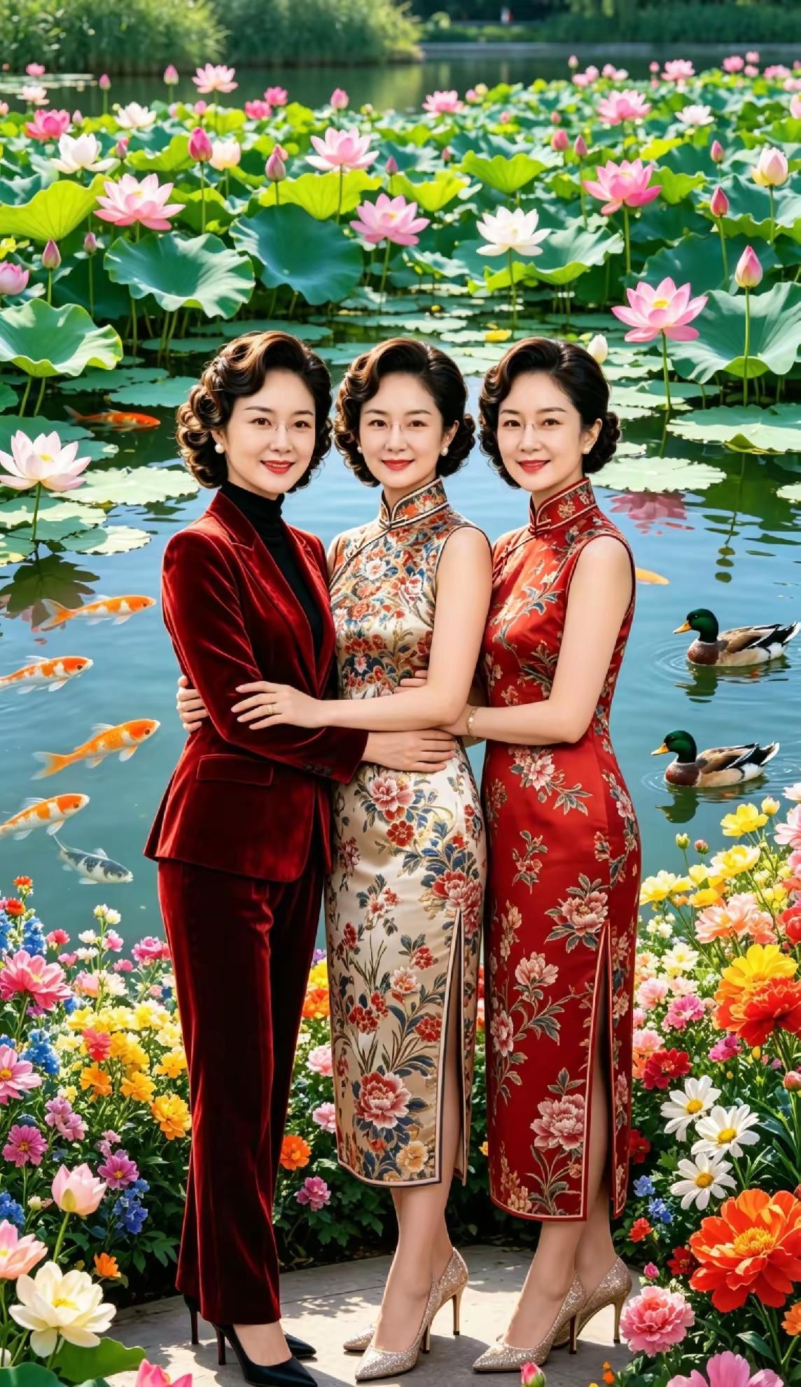 这幅图太美啦，旗袍凹陷有致，中年女性的曲线美展现无遗。背景荷花盛开，湛蓝湖水鸭子