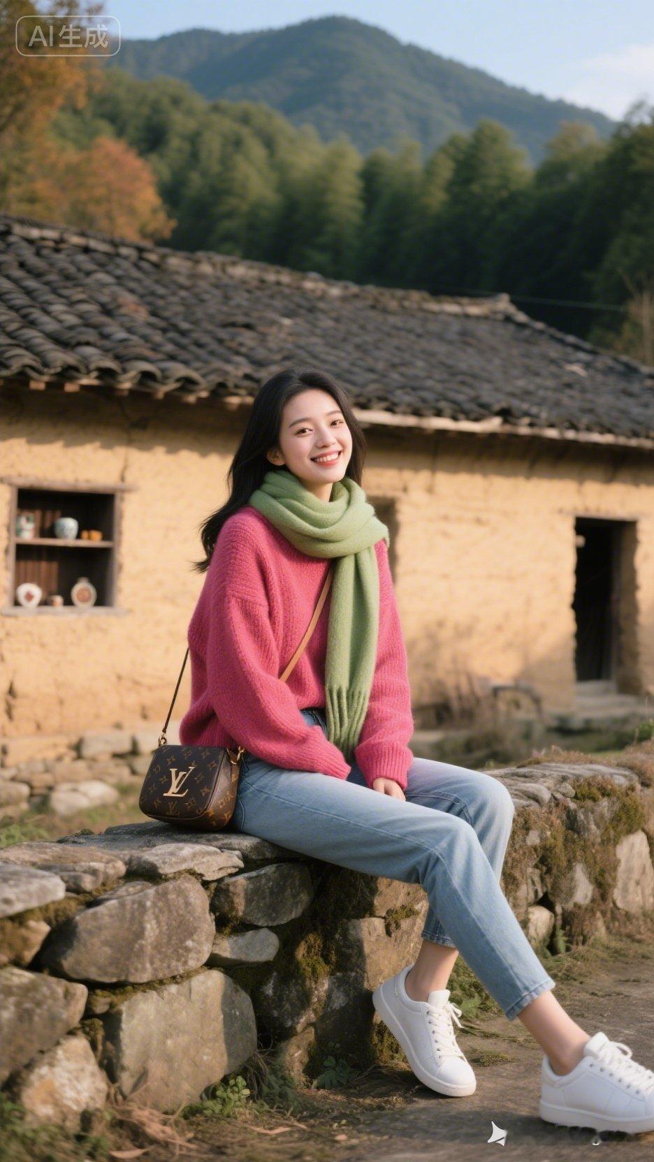 秋日暖阳下，少女与古朴小屋的温馨邂逅。