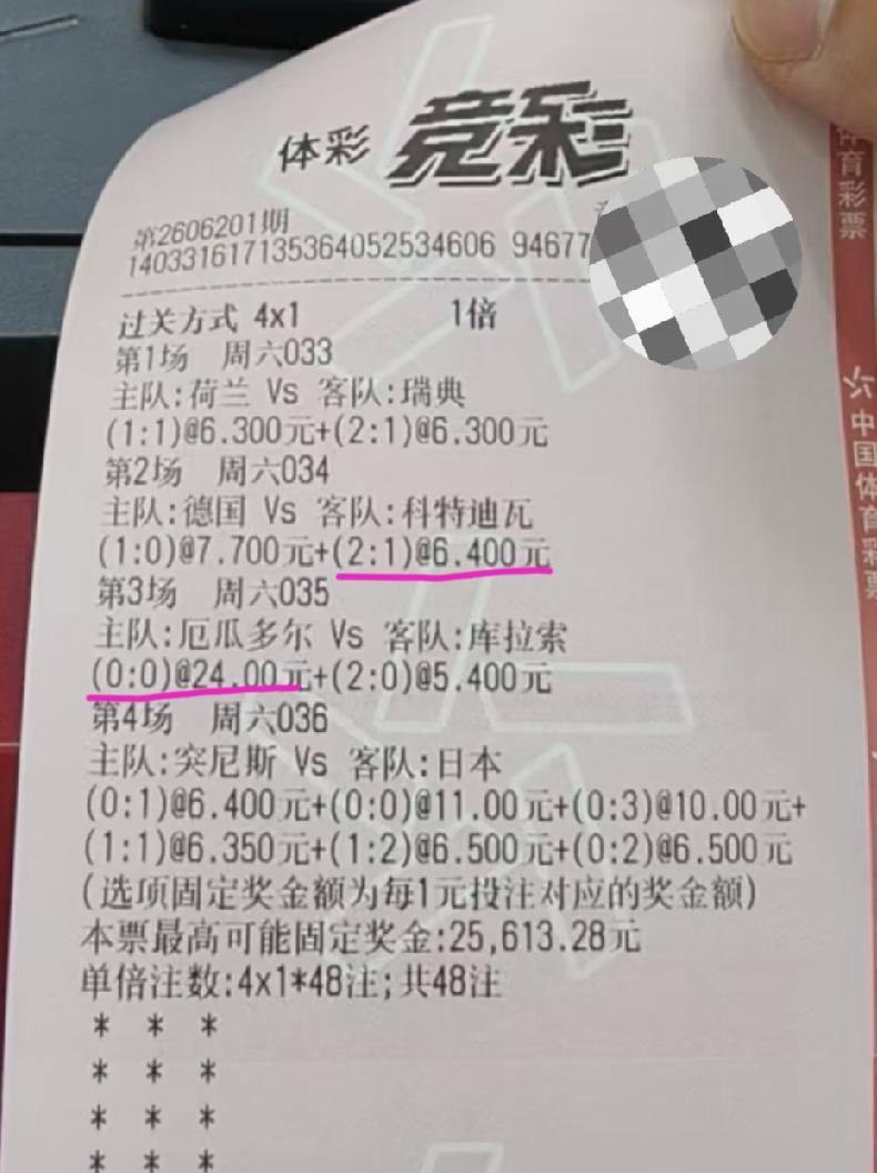又是伤在“荷兰vs瑞典”这场比赛上的一张票，如果这场比赛比分猜中了，这张票大概率