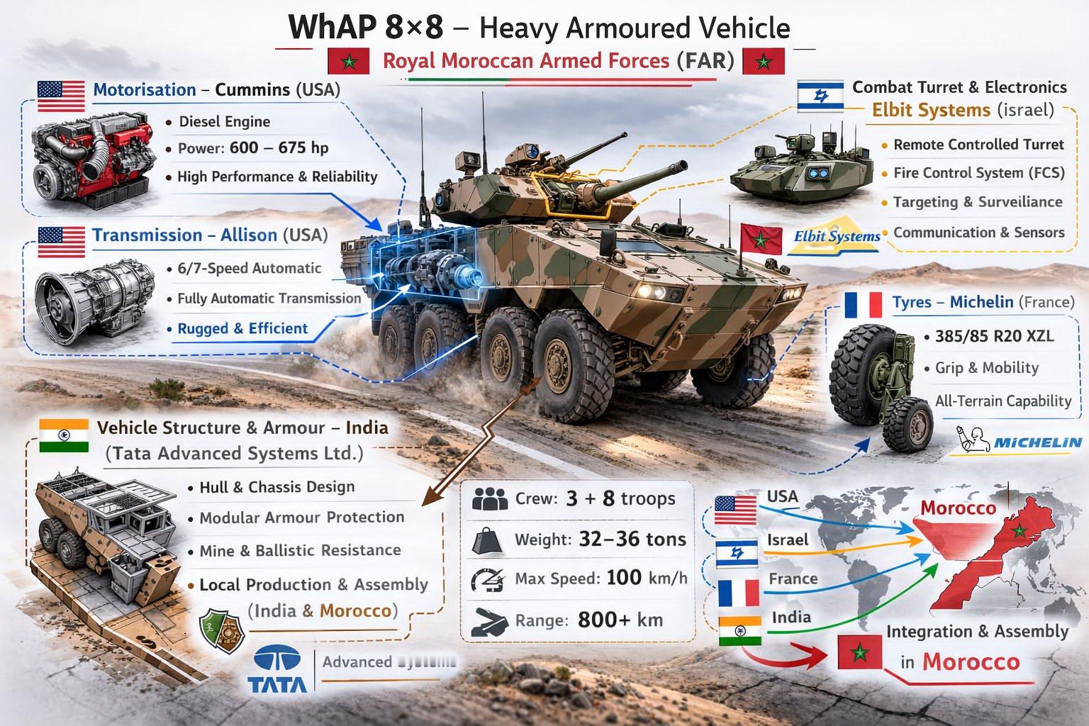 摩洛哥引进的印度Tata公司的8x8轮式步兵战车，发动机和传动是美国的、战斗部是