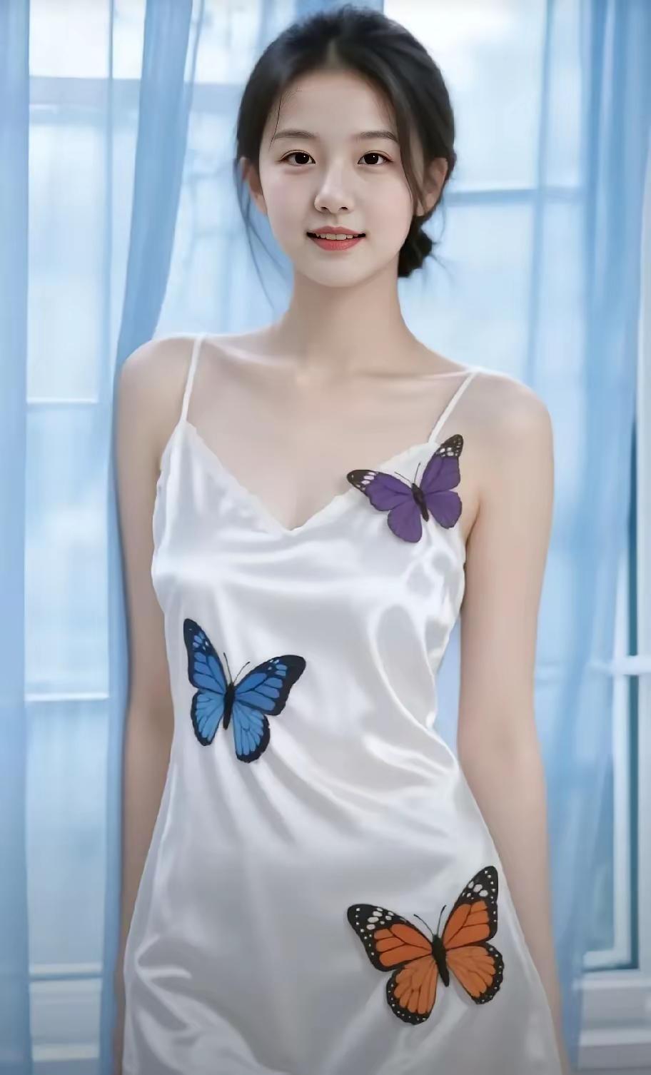 女孩着蝴蝶图案吊带裙，微风拂过，浪漫气息扑面而来。她站在窗边，阳光洒在身上，嘴角