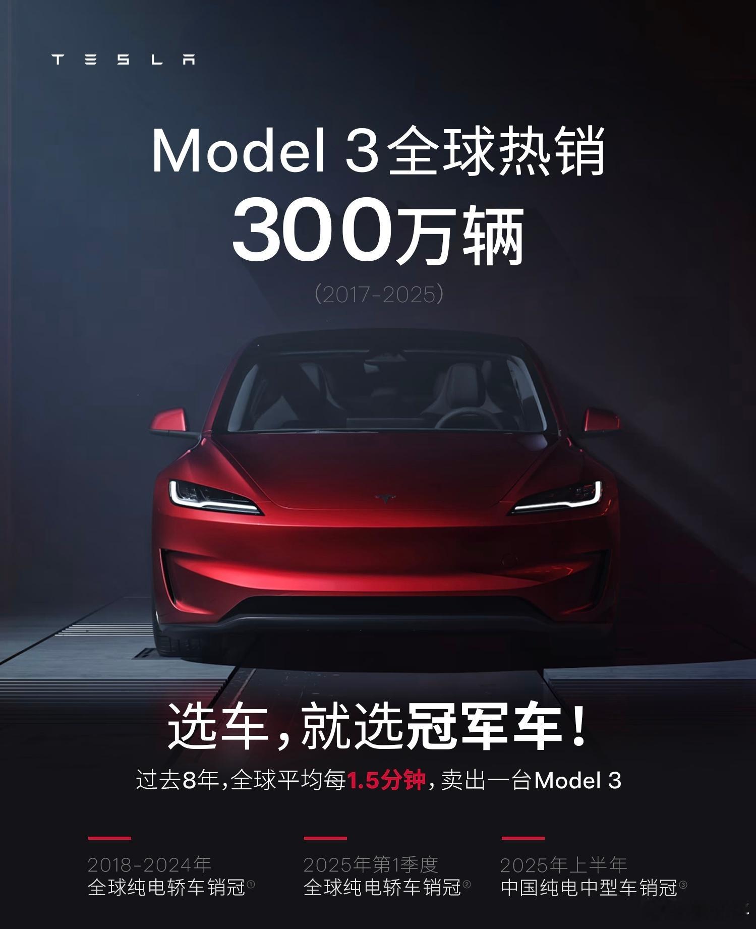Model3全球销量达300万辆特斯拉近两年的定位一直是“被围剿者”，结果销量还