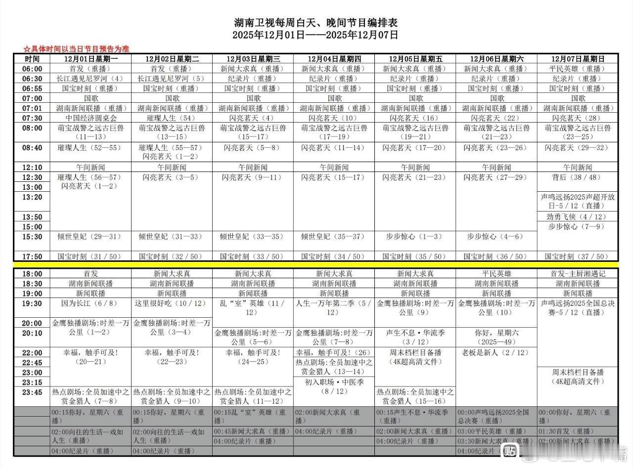 时差一万公里定档 下周湖南卫视编排：上午剧场：闪亮茗天下午剧场：步步惊心金鹰剧场