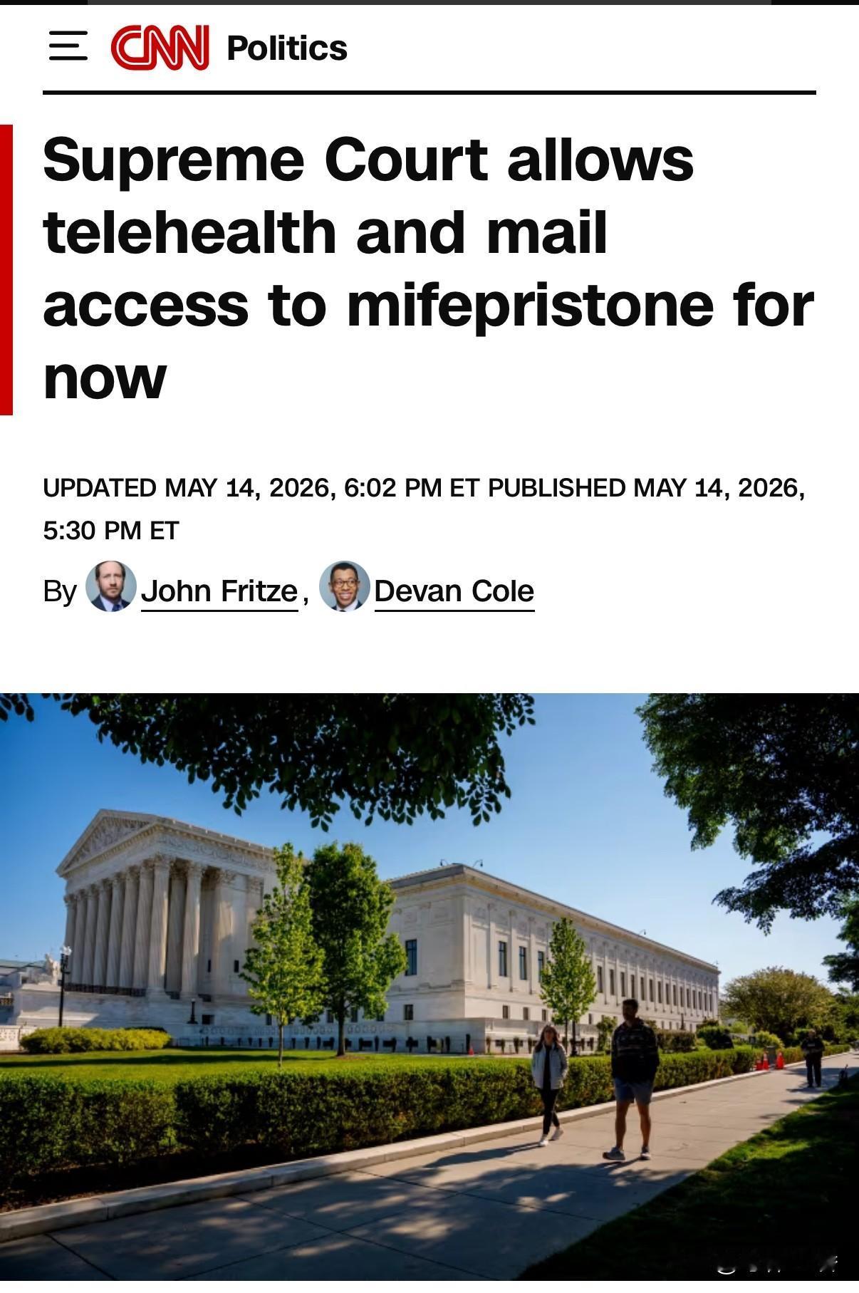 周四，最高法院允许妇女继续通过远程医疗访问获得堕胎药米非司酮（mifeprist