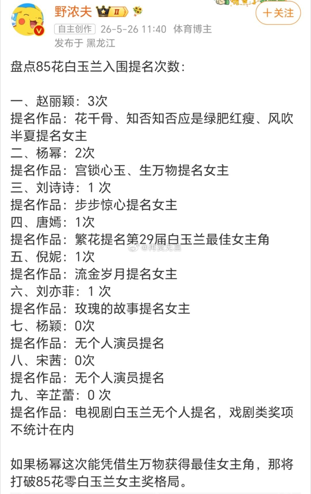 别人：提名+获奖双丰收；85花：提名一堆，奖杯一个没有，希望杨幂：这次靠（生万物