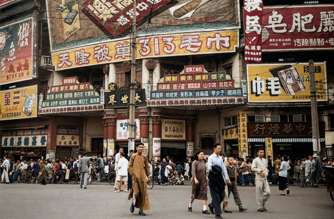 1948年，上海大世界娱乐中心门前车水马龙。满街的“天隆被单”“313毛巾”“钟