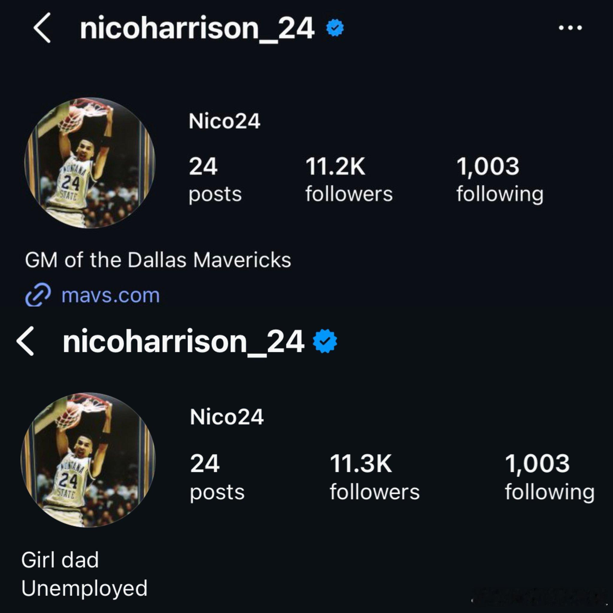 在被解雇后，尼克-哈里森第一时间修改了自己的社媒简介👀达拉斯独行侠总经理➡️一