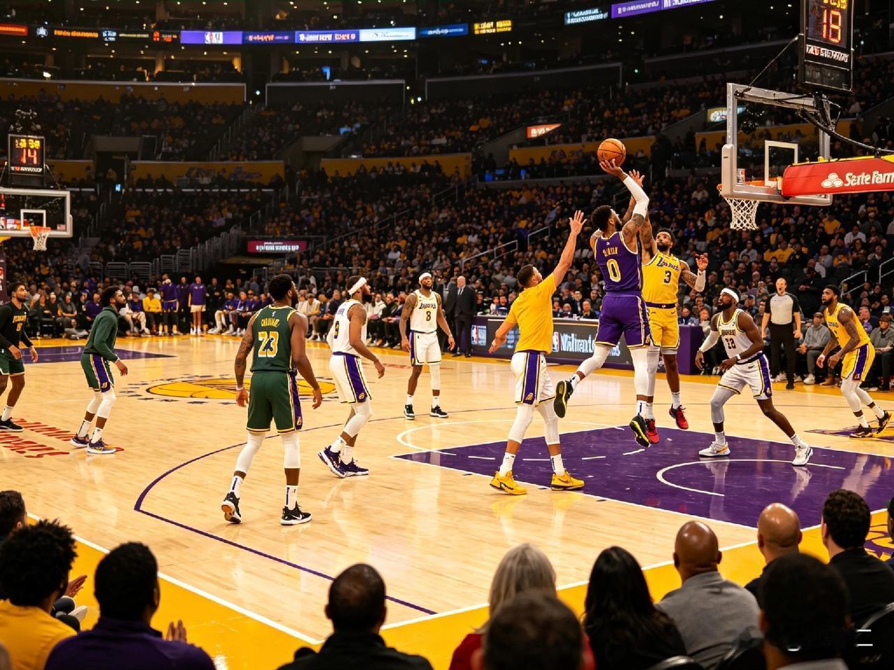 球馆内灯光熠熠生辉，NBA赛场再度掀起狂热高潮。

球员们身着独具特色的球衣，赛