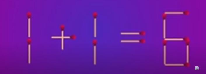 在这道独具匠心的火柴棒谜题中，映入眼帘的等式是“1 + 1 = 6” ，显然与常