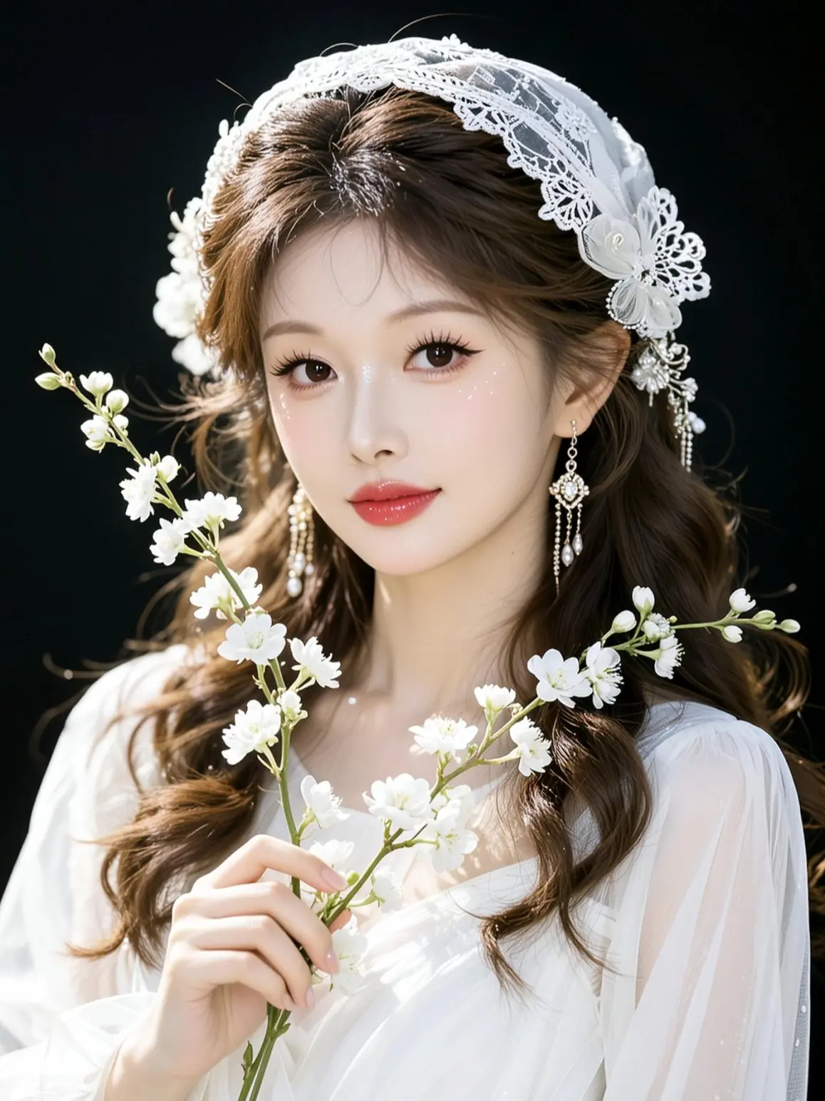 AI清冷白花写真 ai创作 少女妆造分享 鲜花抽丝妆造 法式复古新娘