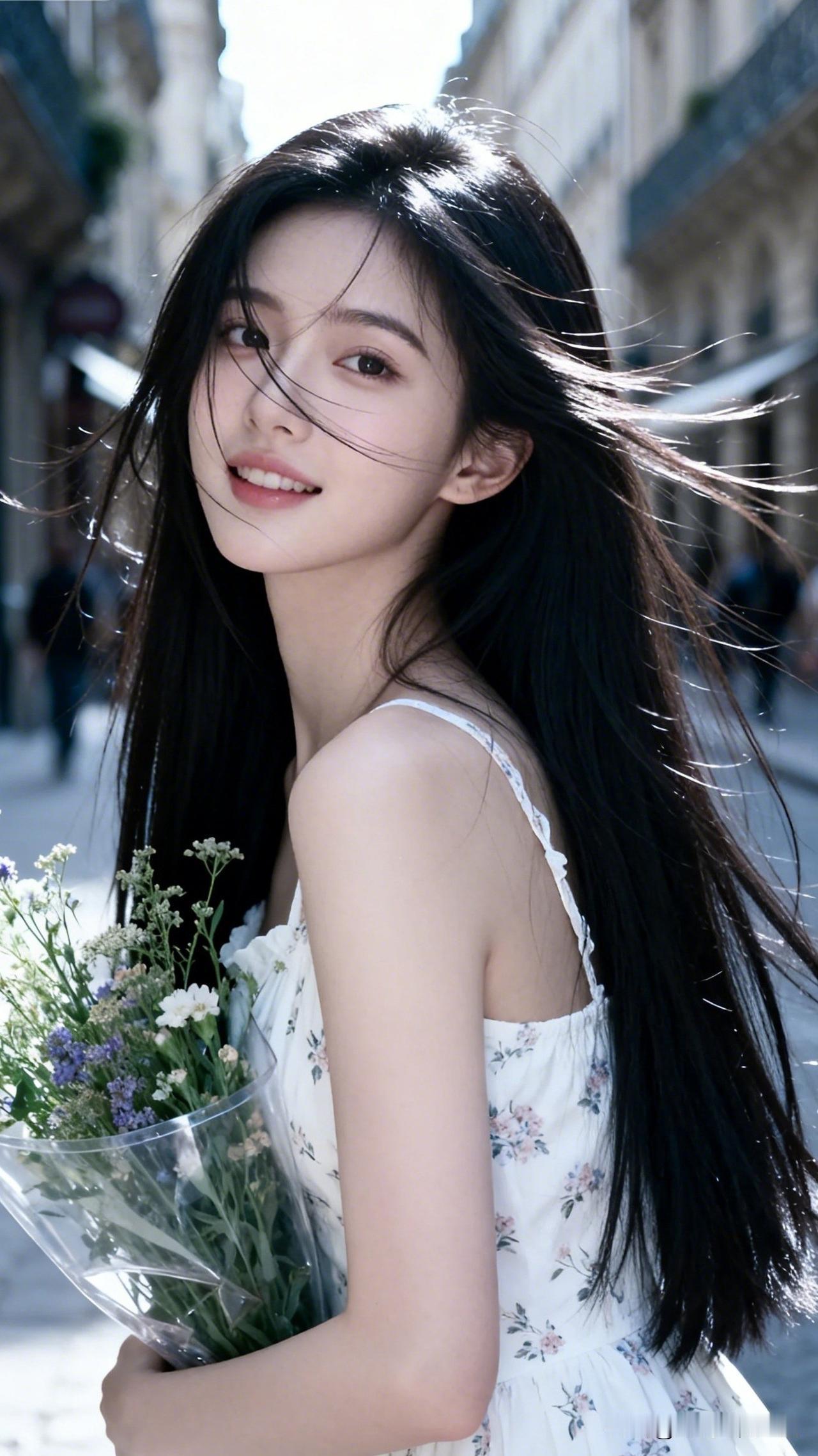 阳光下的少女，手捧鲜花，微笑如花绽放。分享生活随手拍