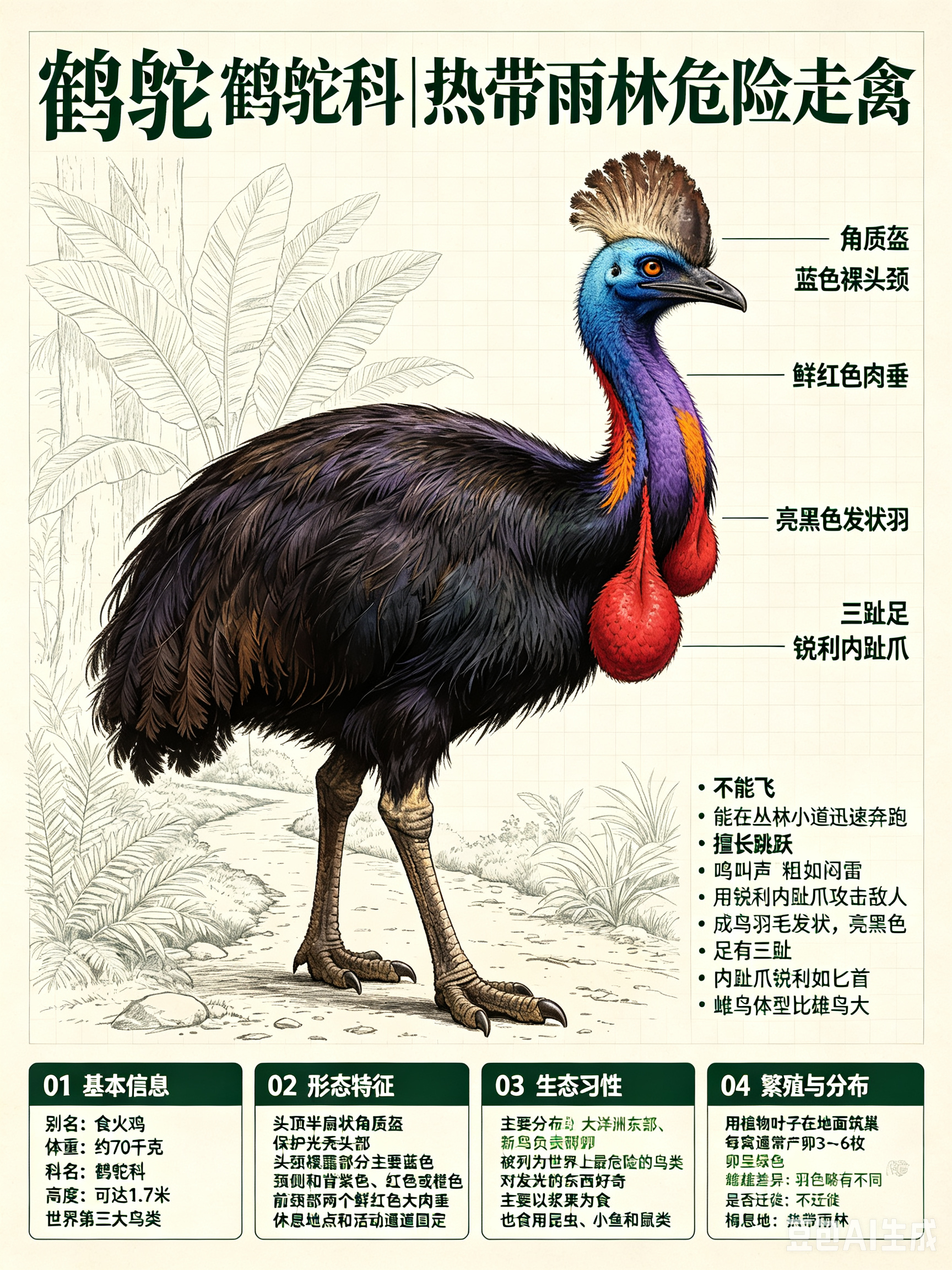 鸟类朋友图鉴 鹤鸵科名：鹤鸵科体重：约70千克别名：食火鸡鹤鸵是世界上第三大的鸟