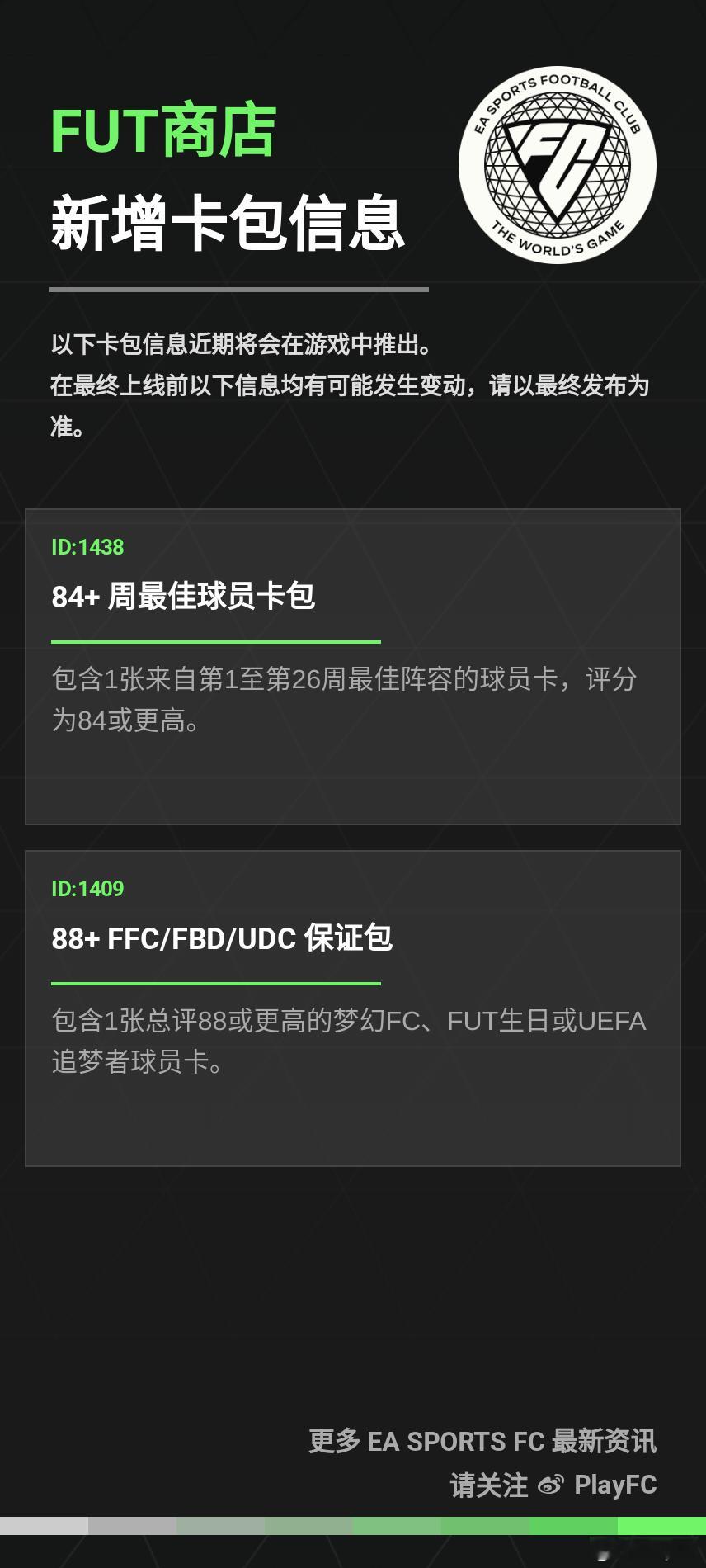 FC 25 Ultimate Team新增球员卡包信息：• 84+ 周最佳球员卡
