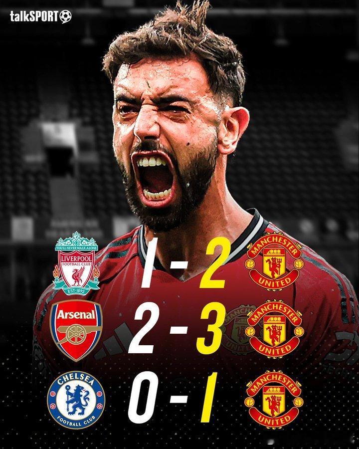 talkSPORT：曼联本赛季客场先后击败利物浦、阿森纳和切尔西，这是他们自19