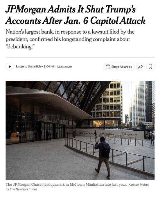 摩根大通在回应川普及其公司提起的诉讼时首次承认，2021年2月、也就是1月6日国