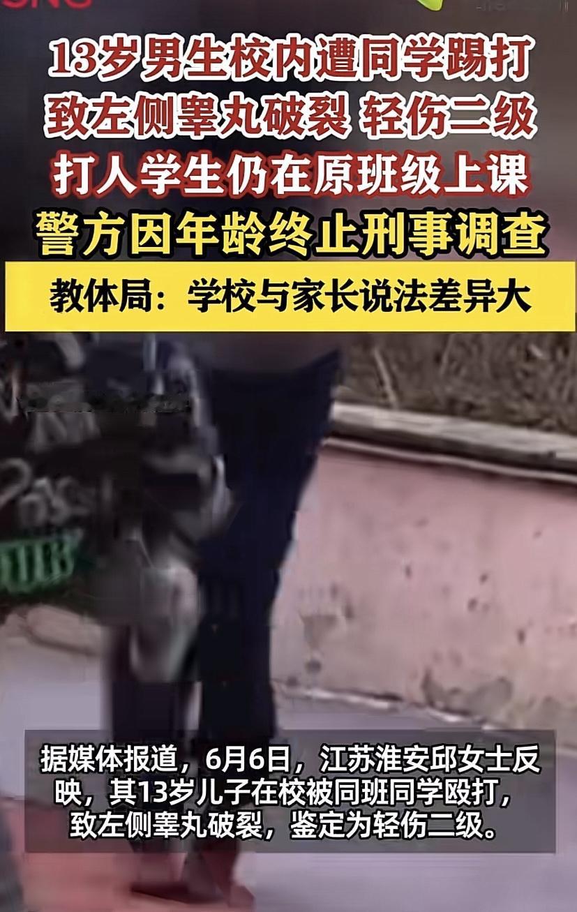 江苏淮安，一女子13岁的儿子，在学校被同学踢破左侧睾丸，被鉴定为轻伤二级，治疗费