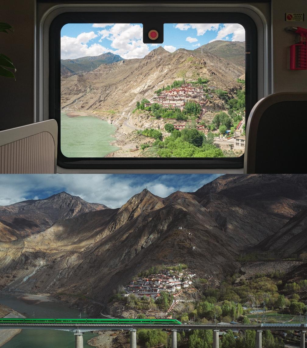 在火车车厢内拍摄的巴尔曲德寺，以及最近从火车线路外拍摄的复兴号动车组与巴尔曲德寺