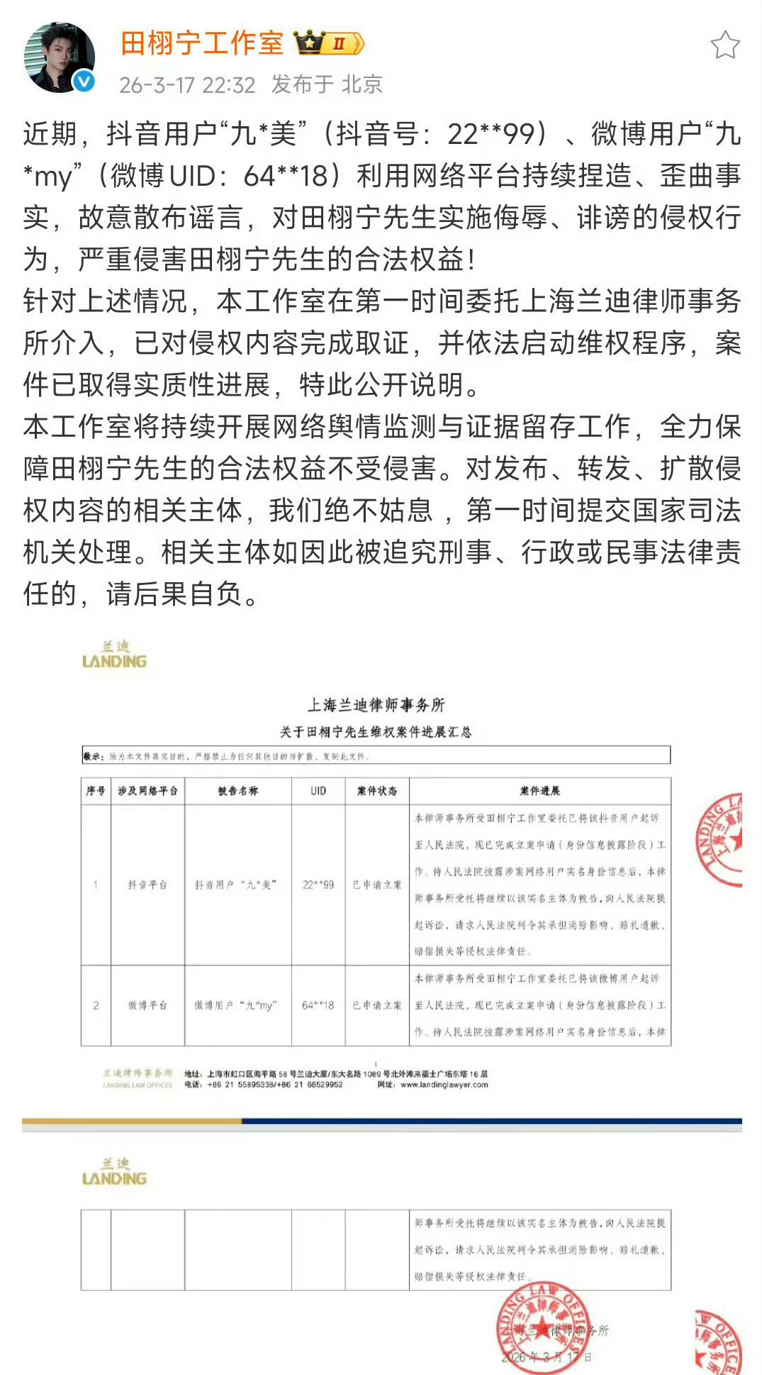 田栩宁屡遭侵权违法者必受严惩只知道田栩宁工作室一直在依法维权告黑一直在进行中网络