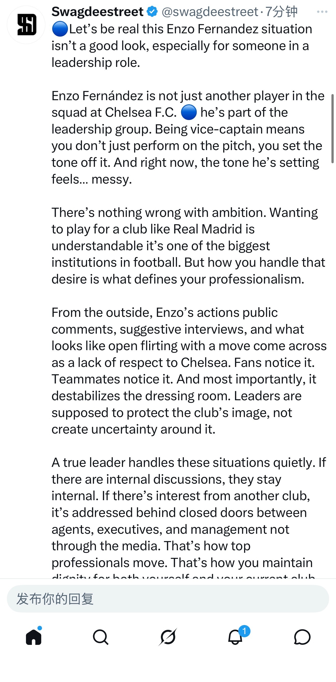 外网上一位切迷如此说道：说实话，恩佐·费尔南德斯这样做可不太好，尤其是对于身居领