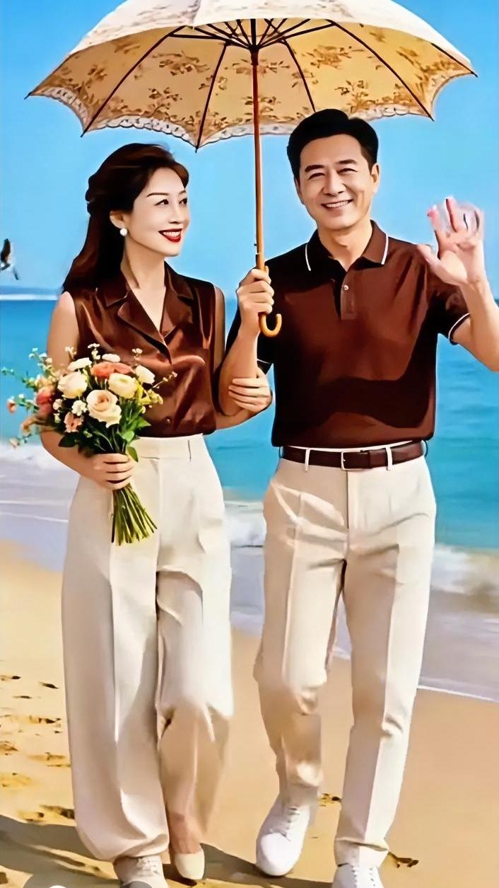 澄澈碧海，细软沙滩，一把复古洋伞遮住午后阳光。女士手捧温柔花束，挽着身旁相伴的爱