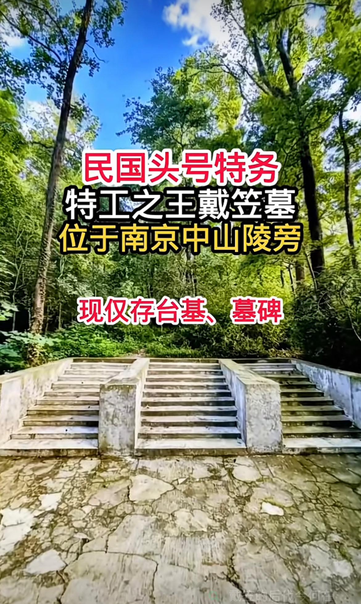 民国头号特务戴笠的墓地，位于南京中山陵附近，现仅存台基，还有残碑卧于地面，碑上文