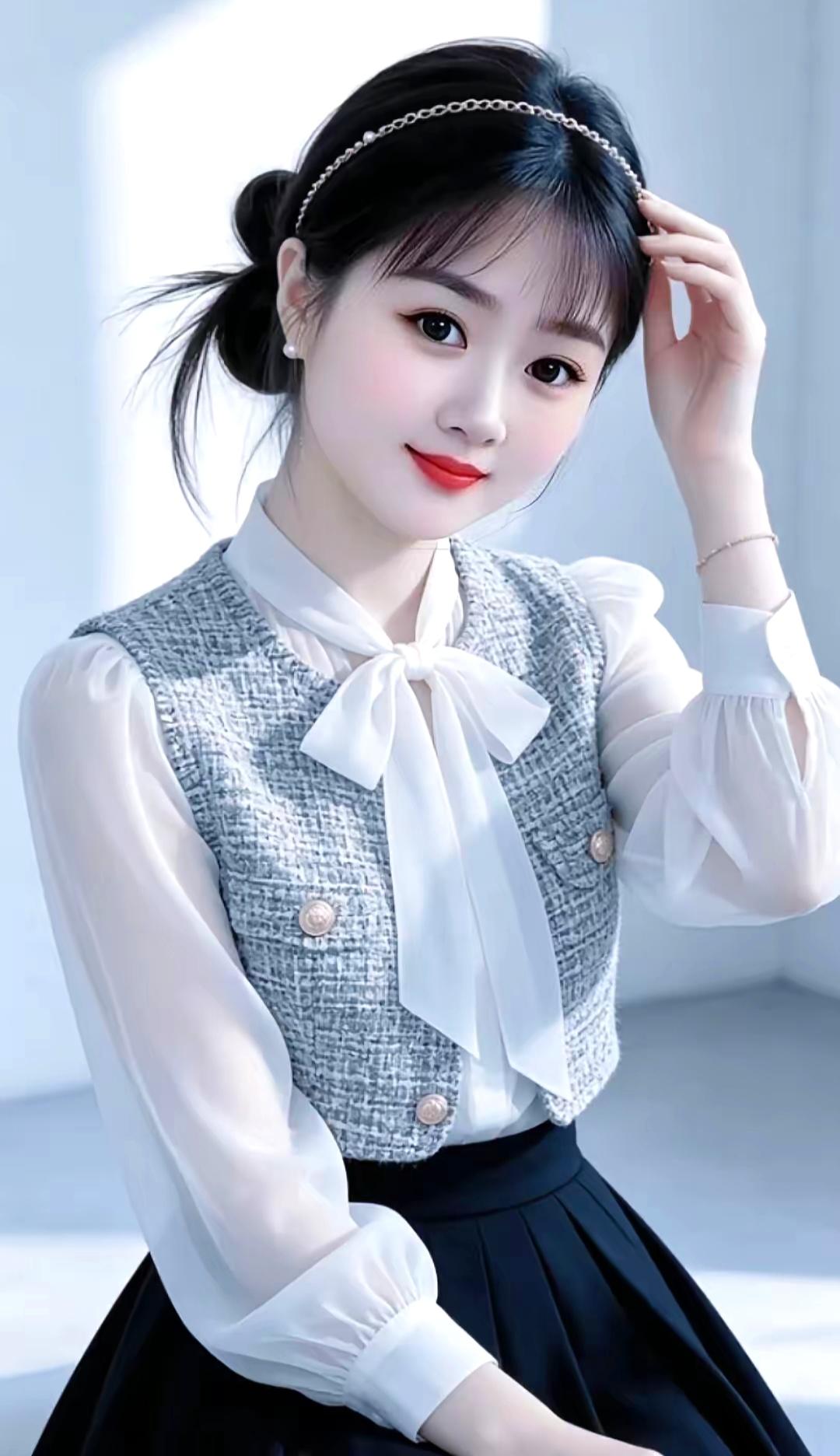 妆容淡雅，眉眼生辉。
衣着得体，气质相随。
端庄温婉，浅笑扬眉。
清风相伴，芳华