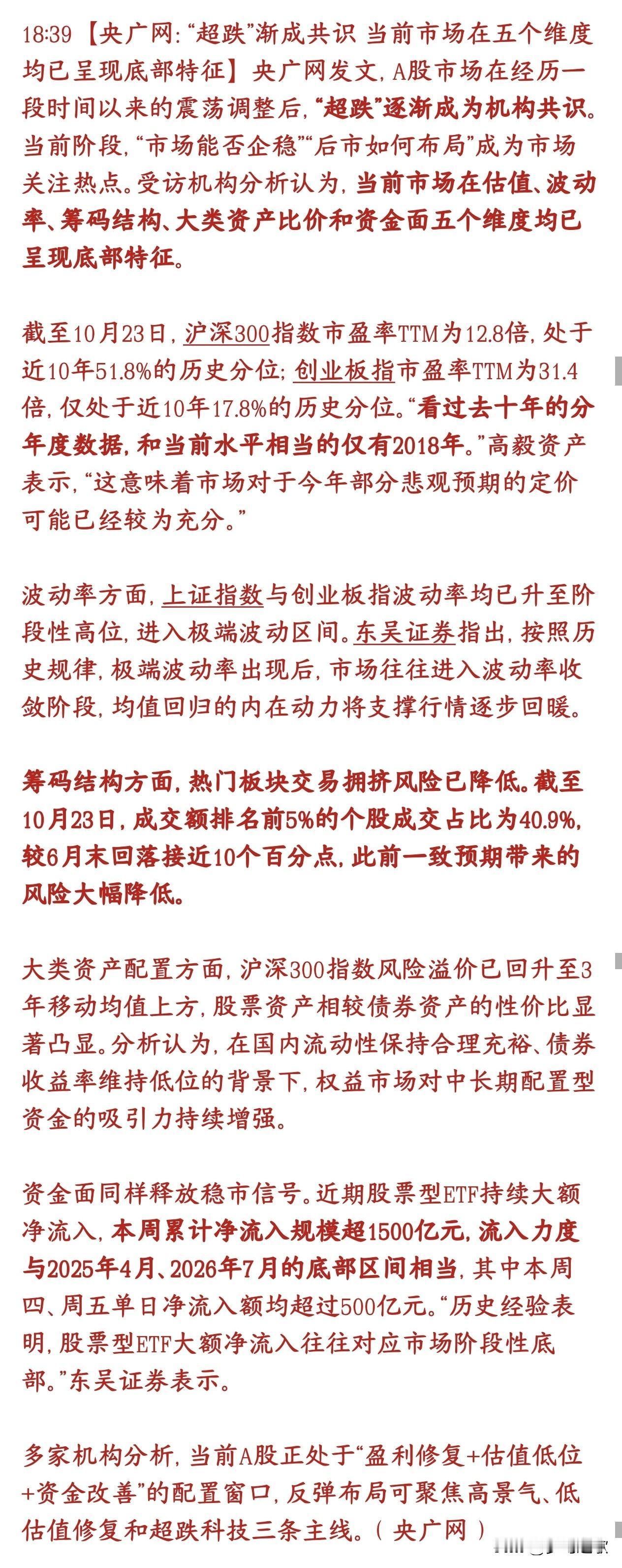 官媒都开始喊话：A股跌过头了，表示接下来会有反弹
央广网帮机构喊话：现在全市场已