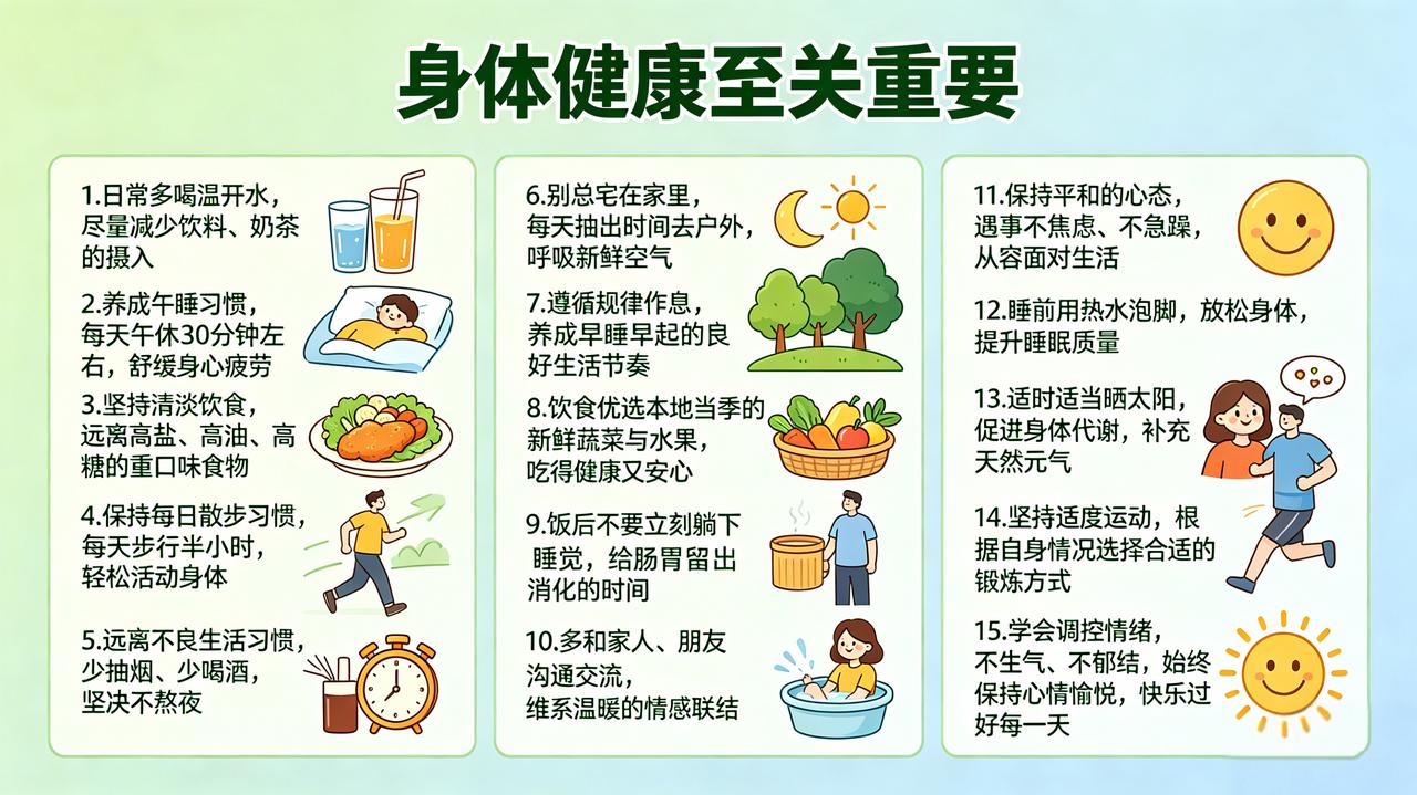 身体健康至关重要
 
身体健康是一切生活的根基，格外值得我们用心守护，以下是实用