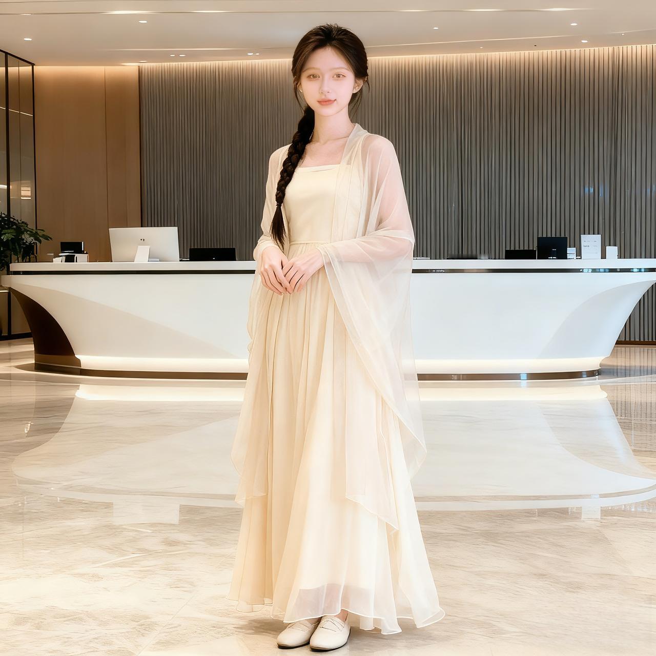 怎样穿搭能显示出温柔的女生气质?
米杏色飘逸长裙，清净优雅清纯气质。