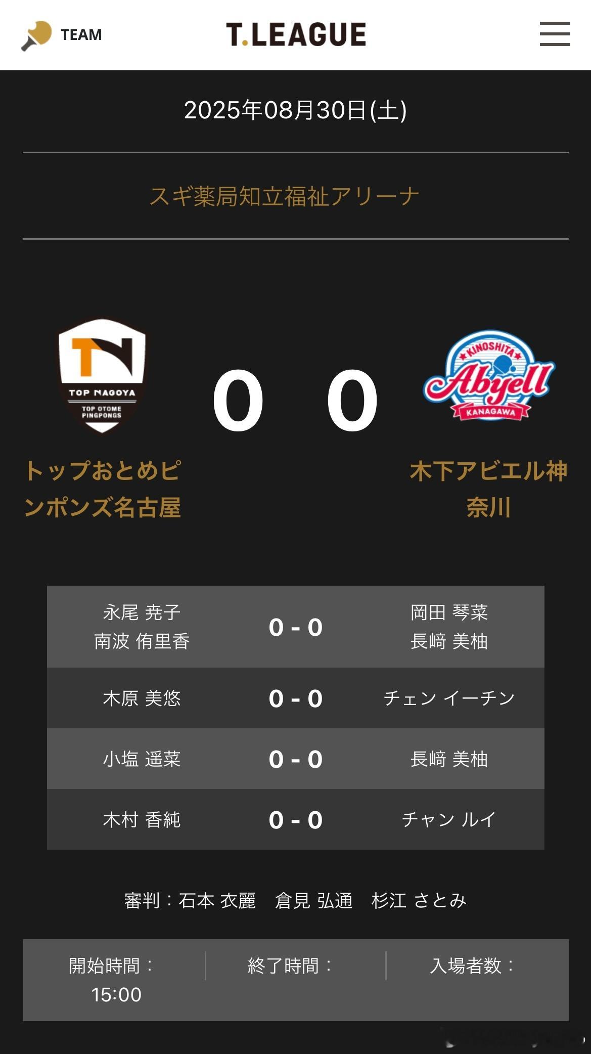 T联赛 8.30 名古屋🆚木下神奈川 对阵表永尾尭子/南波侑里香🆚冈田琴菜/