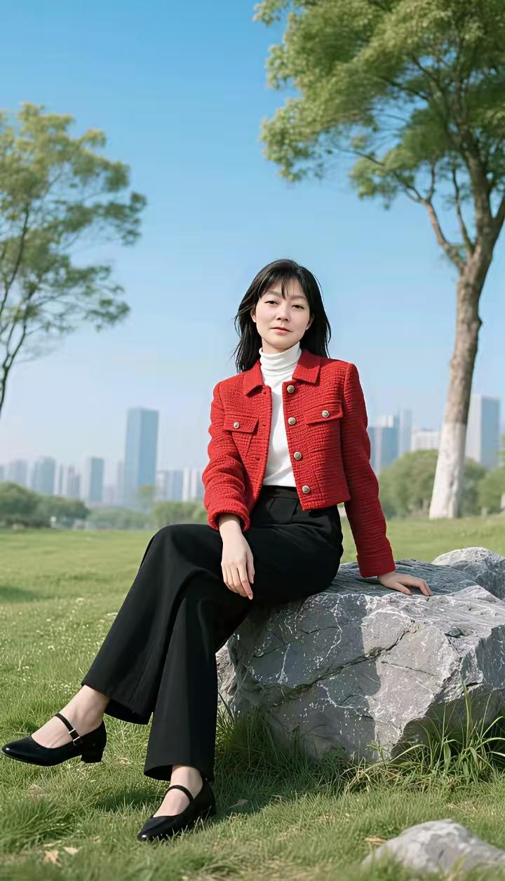 都市丽人
红色洋装衬丽容，
乌衣长裤韵无穷。
都市街头添雅调，
时尚风姿映碧空。