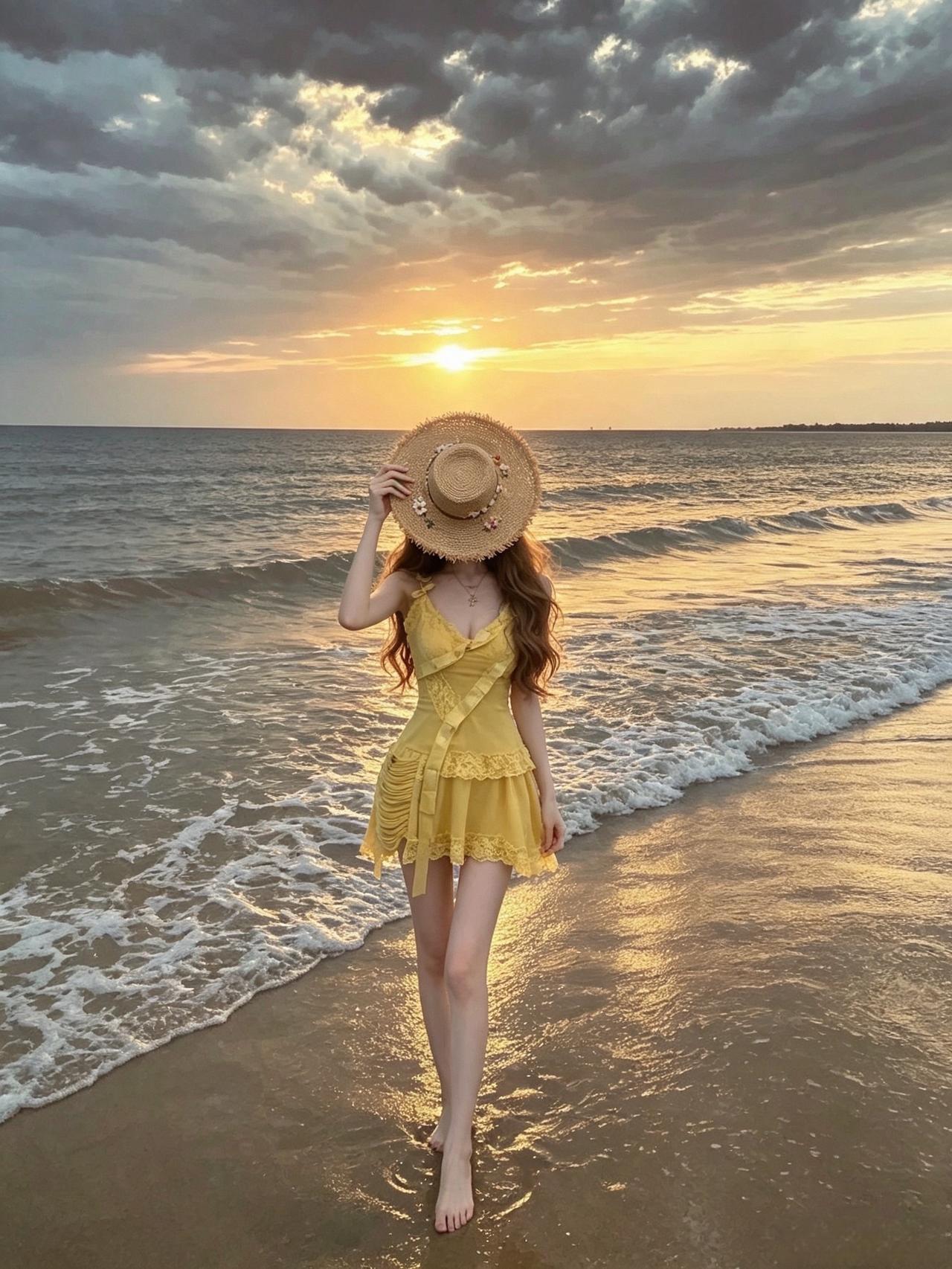 黄裙与海之约 夏日海边有多出片 晚霞和海滩的氛围感 沙滩裙风 沙滩穿搭