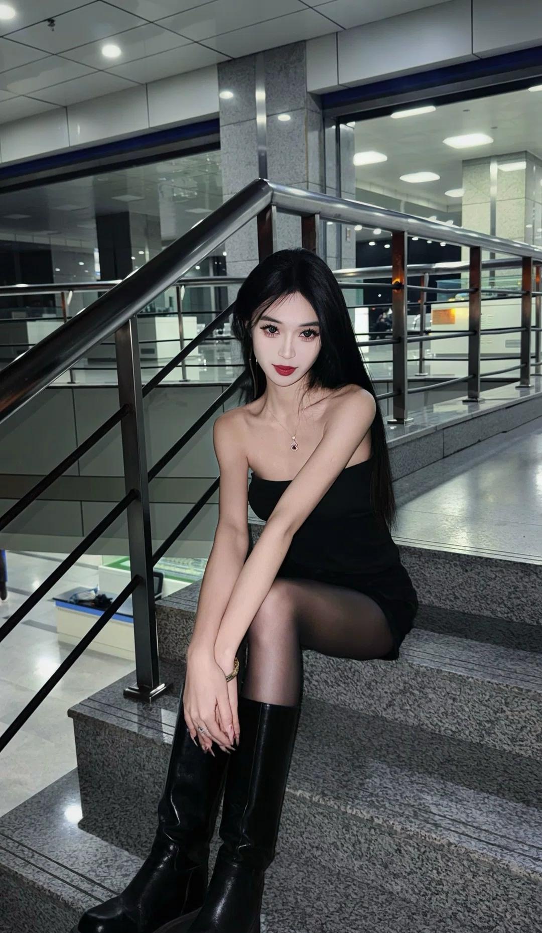 黑裙黑靴，冷艳动人，都市女神风范