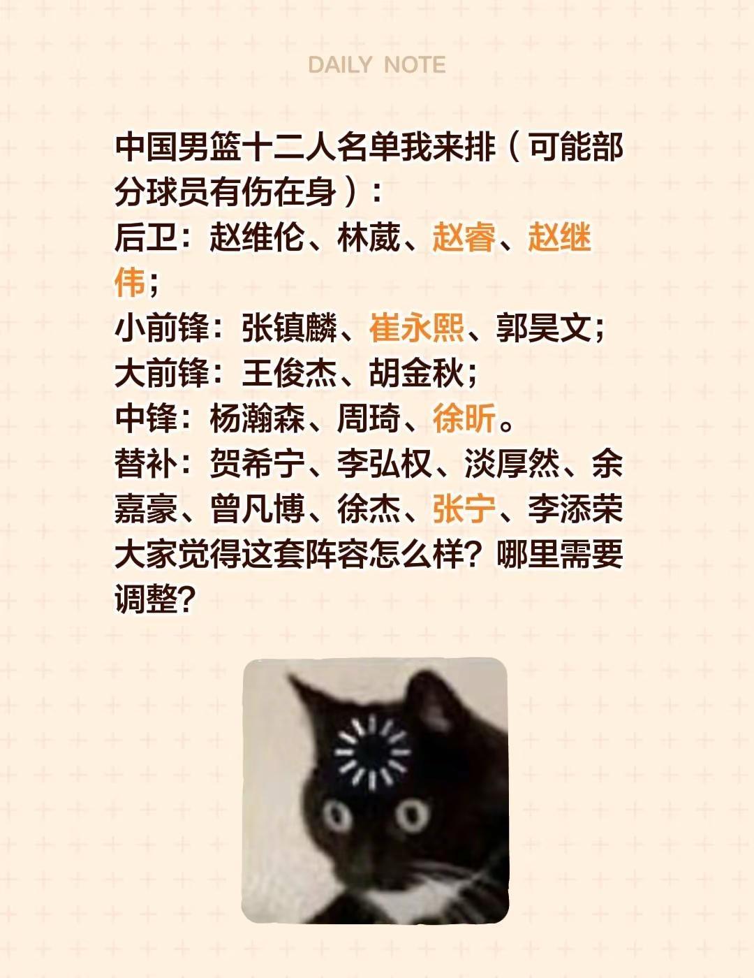 我来调整一下大名单。中国男篮十二人名单我来排（可能部分球员有伤在身）：后卫：赵维