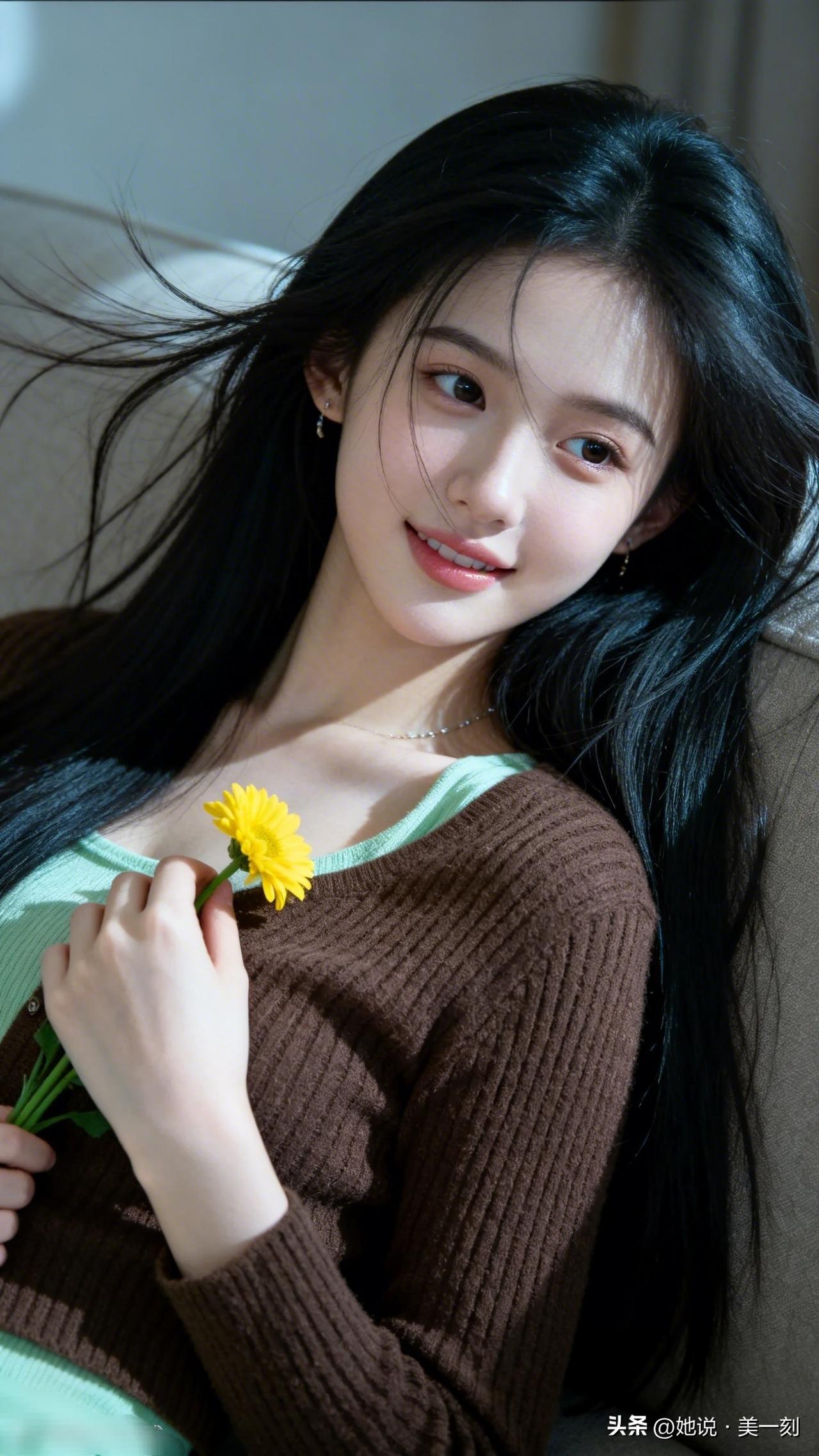 阳光下的温柔少女，手捧一朵向日葵，微笑如花🌻晒出美丽身影