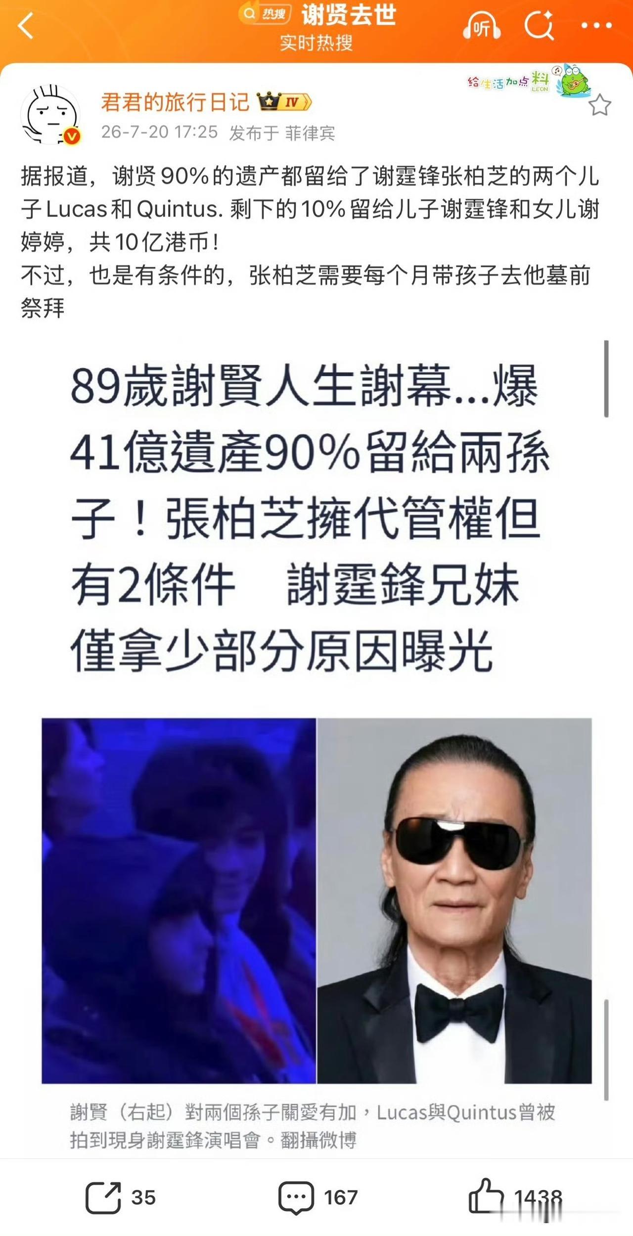 【谢贤遗嘱公布：九成遗产留给两个孙子，该遗产价值超过1亿港元】
谢贤九成遗产留给