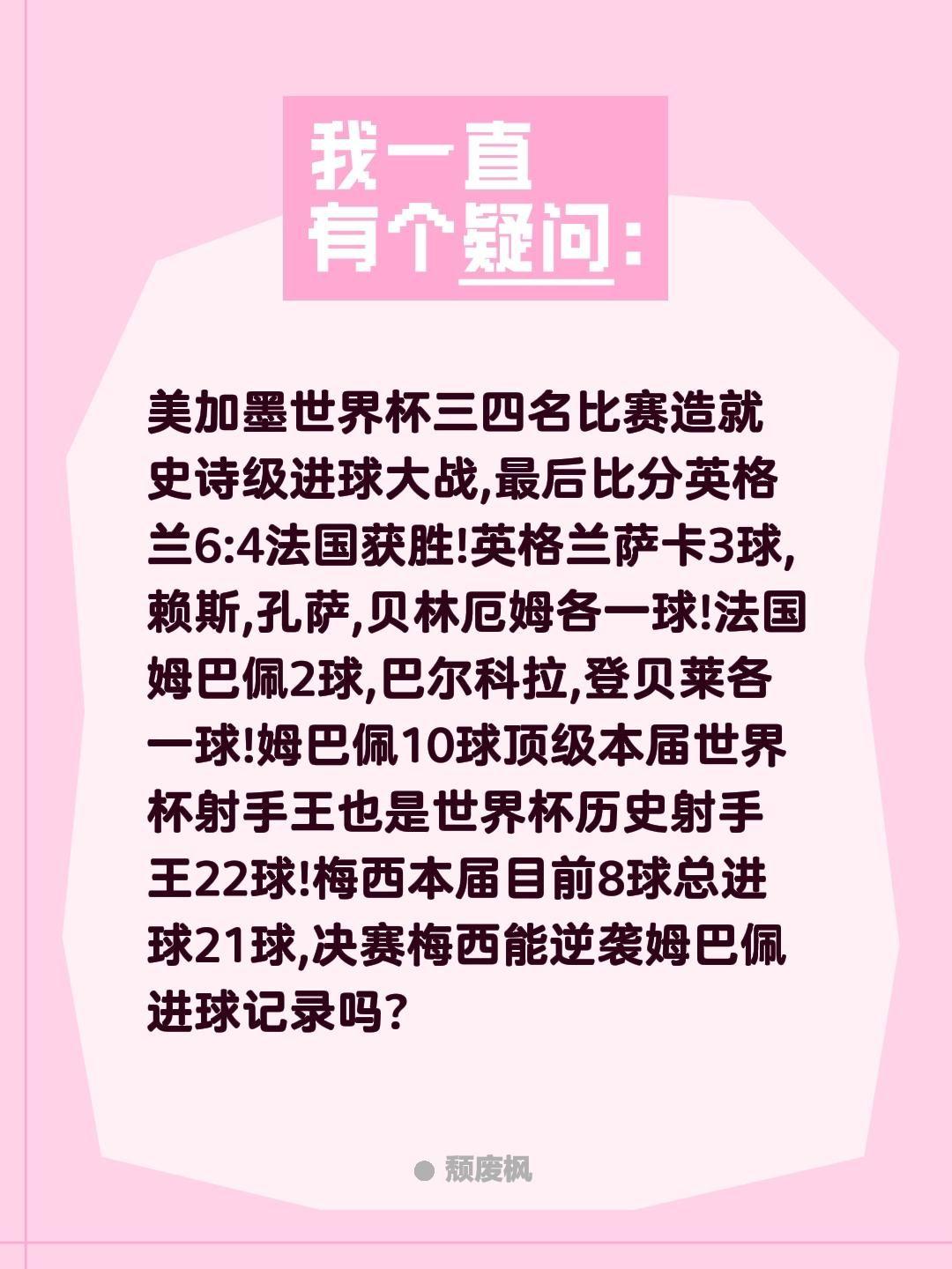 美加墨世界杯三四名比赛造就史诗级进球大战,最后比分英格兰6:4法国获胜!英格兰萨