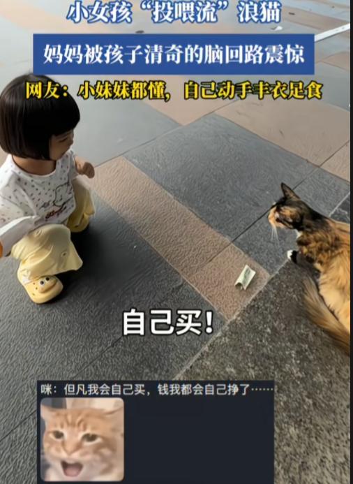 太可爱的女孩，清奇的脑回路！

本以为她要拿油条投喂流浪猫，谁知道，左手甩出一元