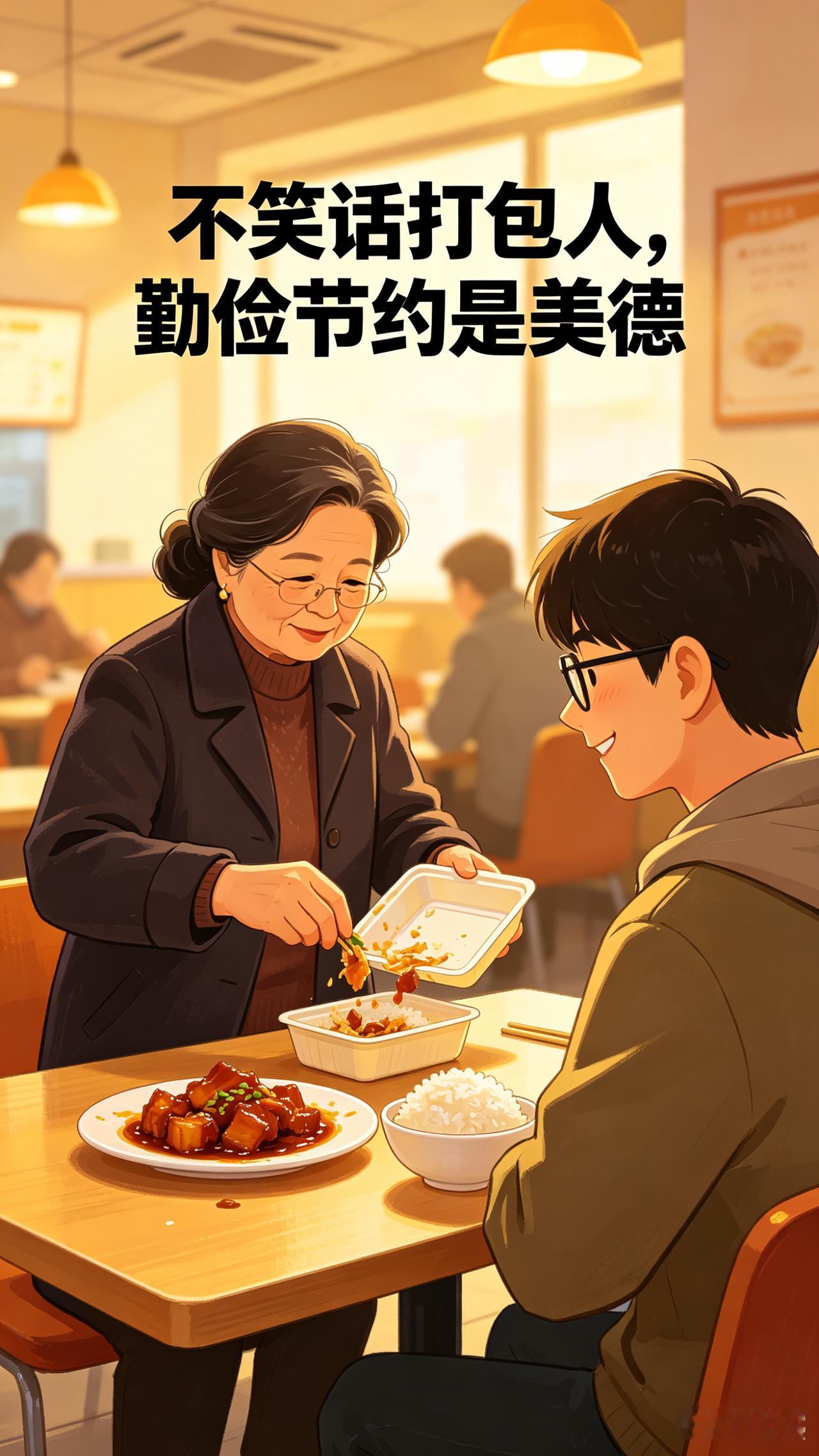 我从来不会笑话吃完饭打包的人。
浪费粮食才最丢人，懂得勤俭节约从来都不是小气，是