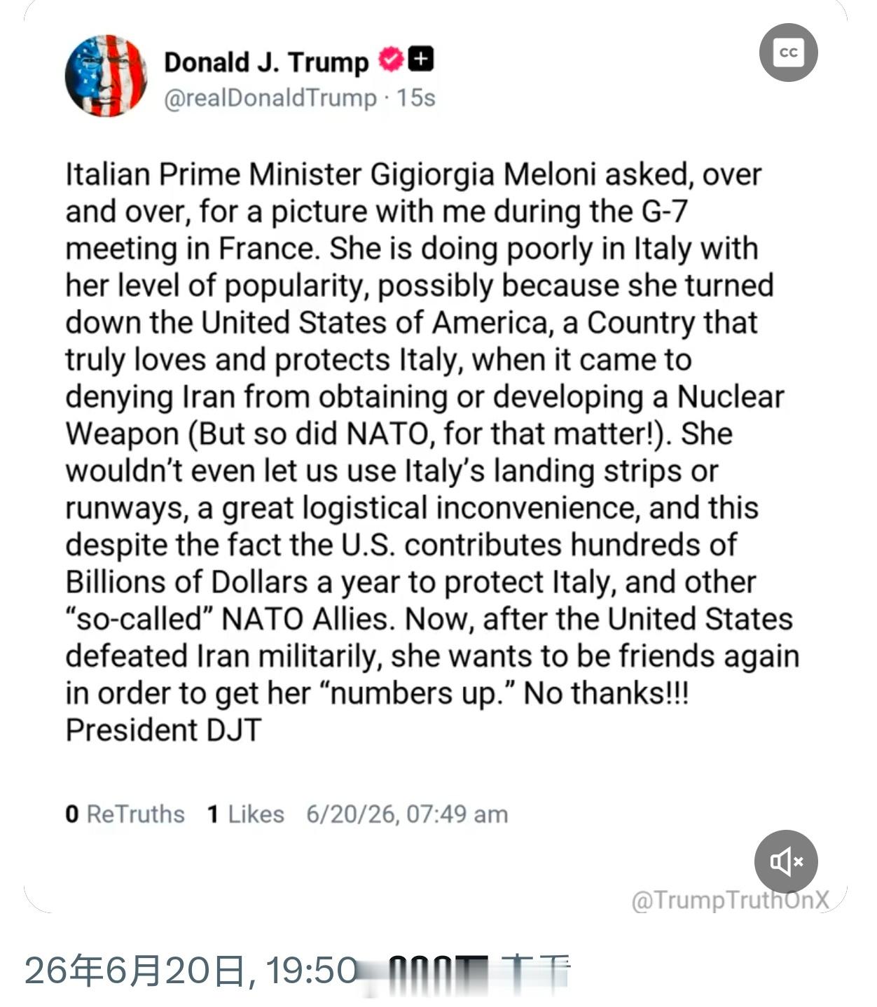 特朗普：“在法国举行的七国集团峰会期间，意大利总理乔治娅·梅洛尼反复要求与我合影