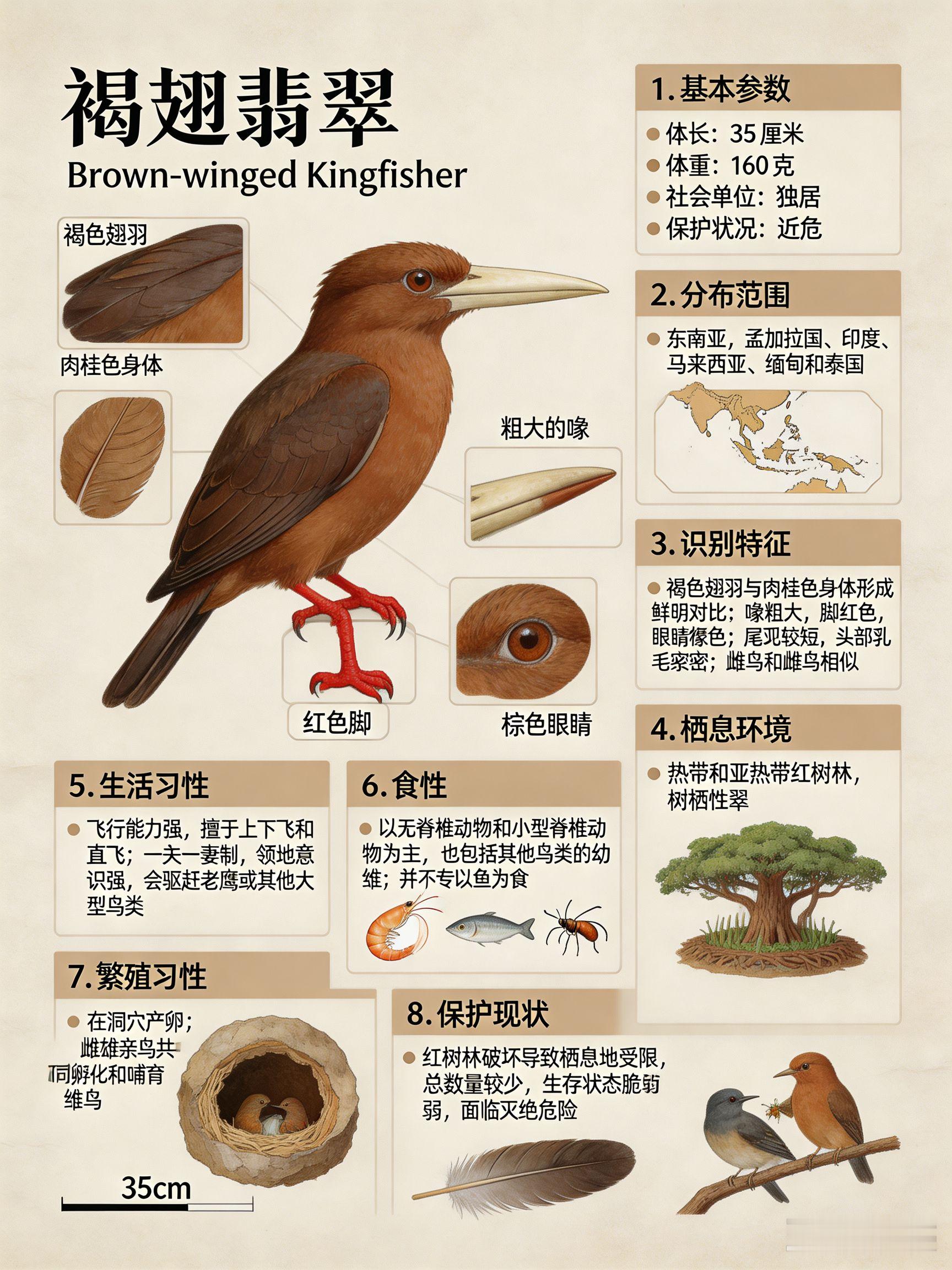 鸟类朋友图鉴 褐翅翡翠体长：35 厘米体重：160 克社会单位：独居保护状况：近