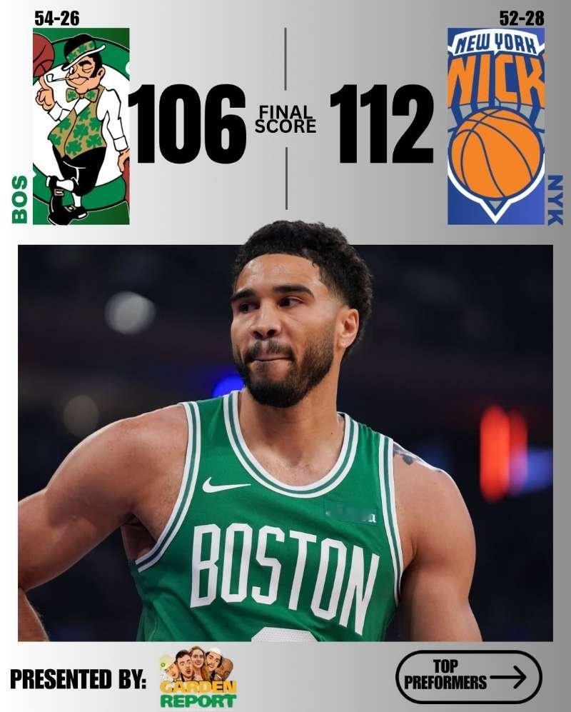 106：112客场负于尼克斯，杰伦轮休，塔图姆还是在关键要分的时刻显示出了大伤初