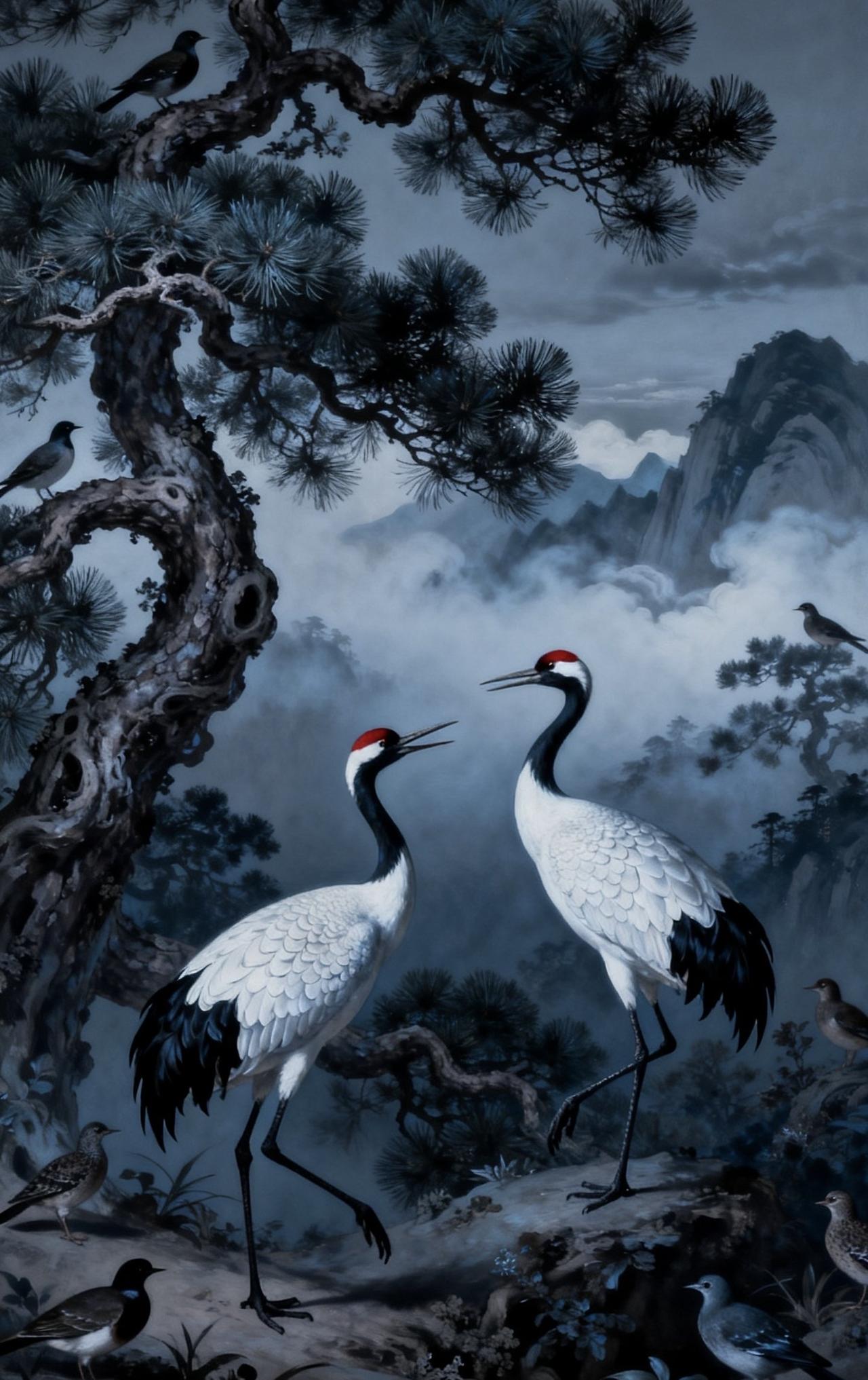 精美壁纸（793）🌈
📝山间古松苍劲虬曲，枝干繁茂。两只丹顶鹤立于林间，一只