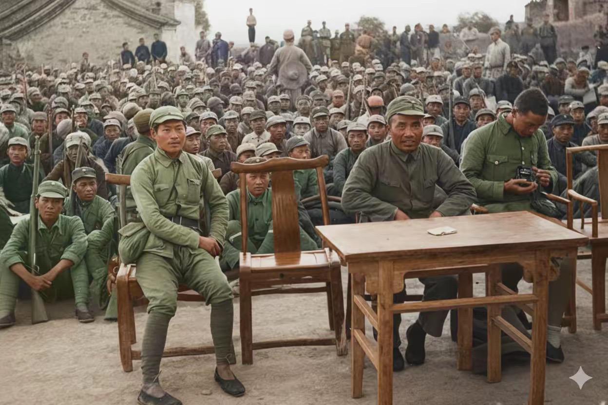 1938年，山西晋东南地区，八路军总司令朱德出席部队大会，身后是数千名...