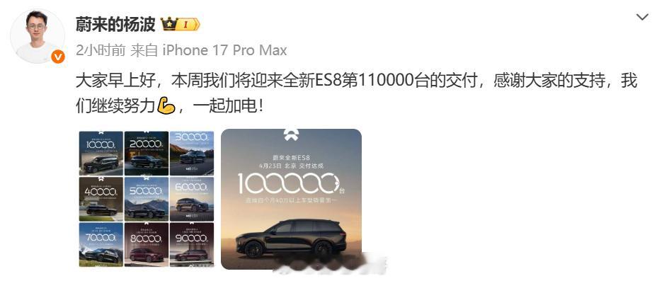 蔚来本周迎来全新ES8第110000台的交付蔚来全新ES8 这么稳定的成绩在其他
